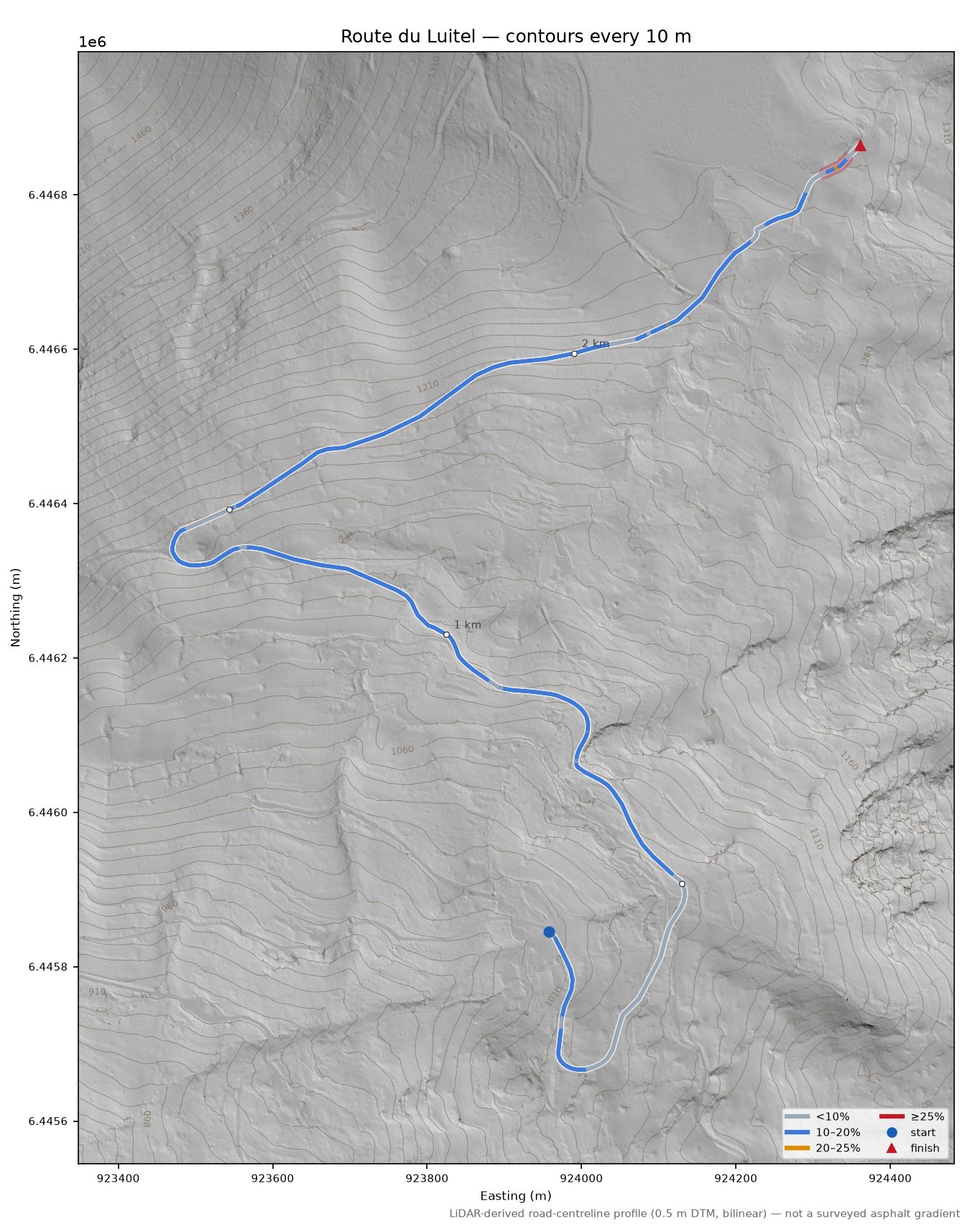 Route du Luitel LiDAR hillshade map with contours