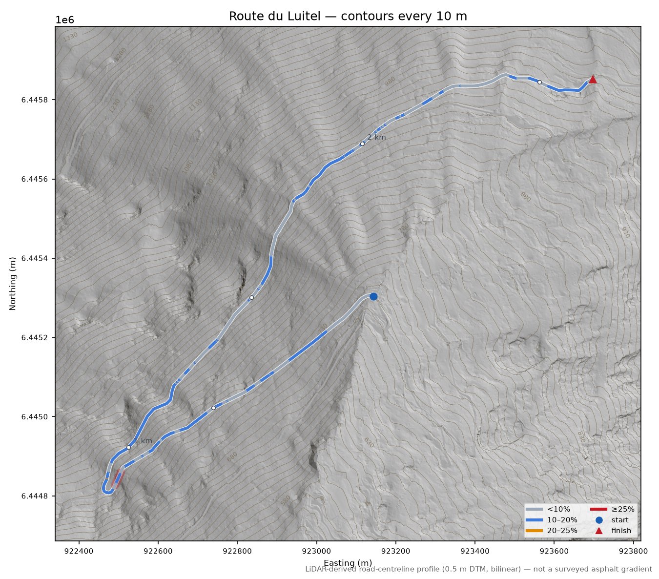 Route du Luitel LiDAR hillshade map with contours