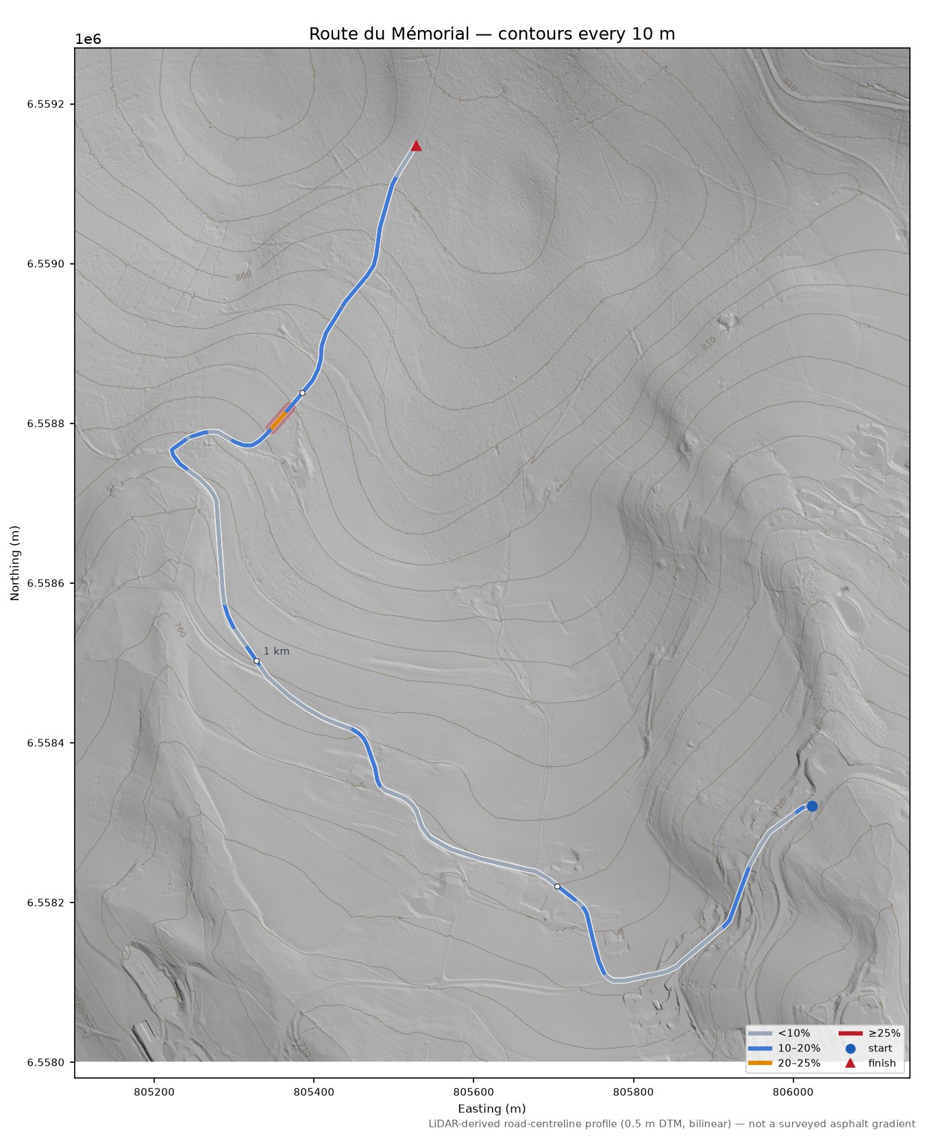 Route du Mémorial LiDAR hillshade map with contours