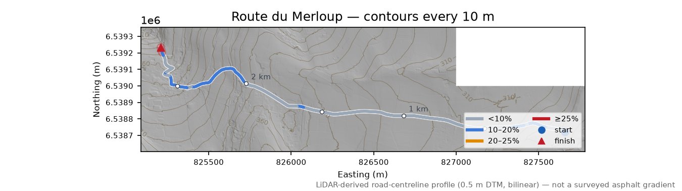 Route du Merloup LiDAR hillshade map with contours