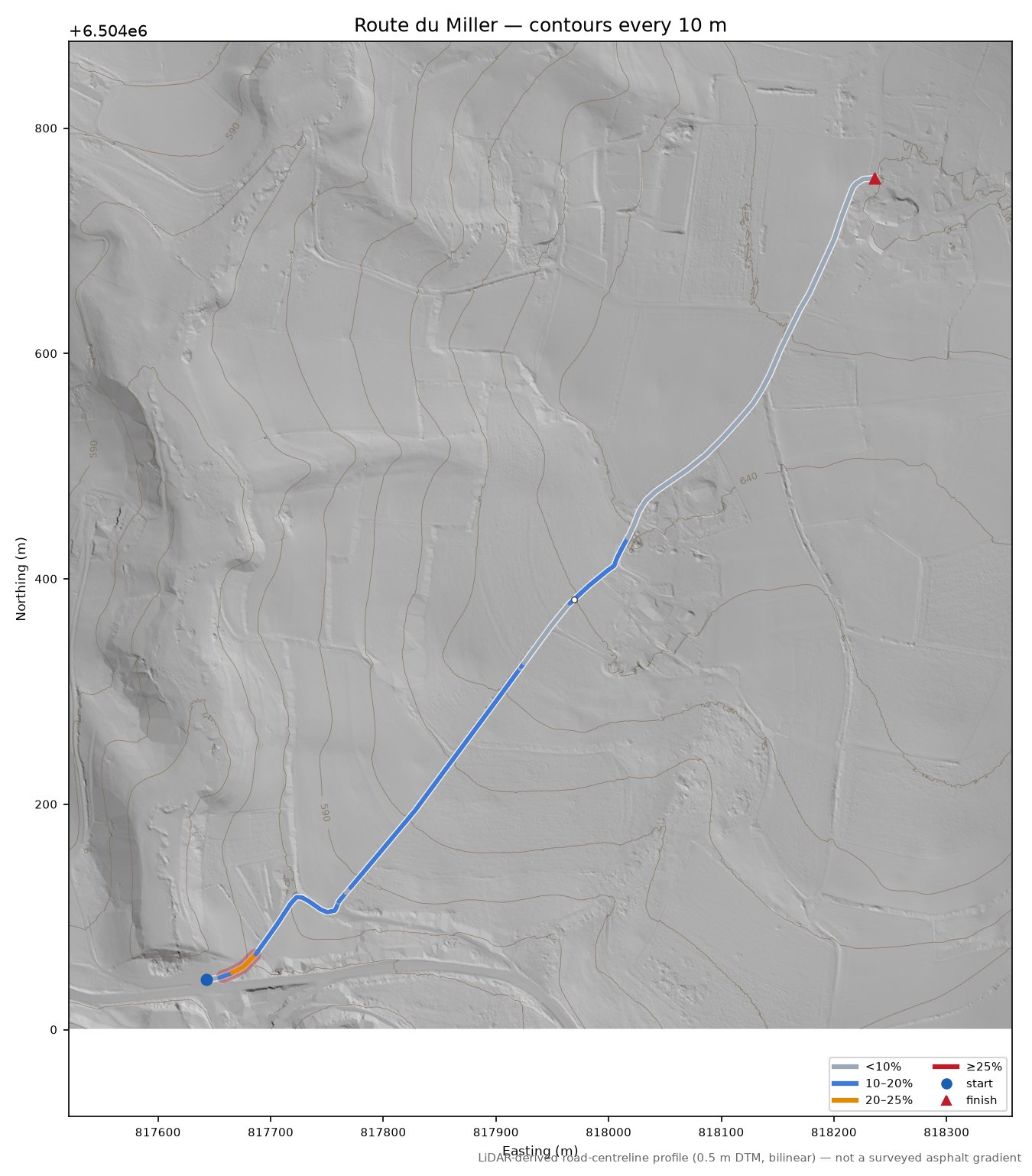 Route du Miller LiDAR hillshade map with contours