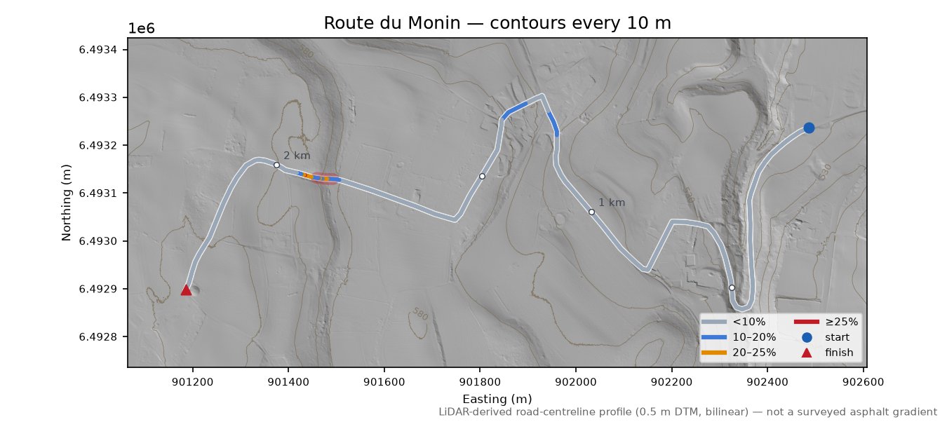 Route du Monin LiDAR hillshade map with contours
