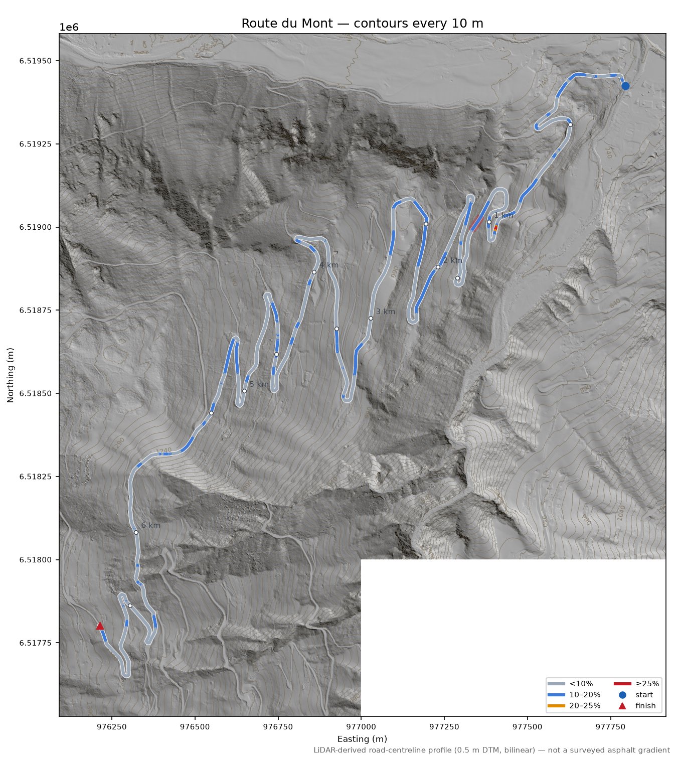 Route du Mont LiDAR hillshade map with contours
