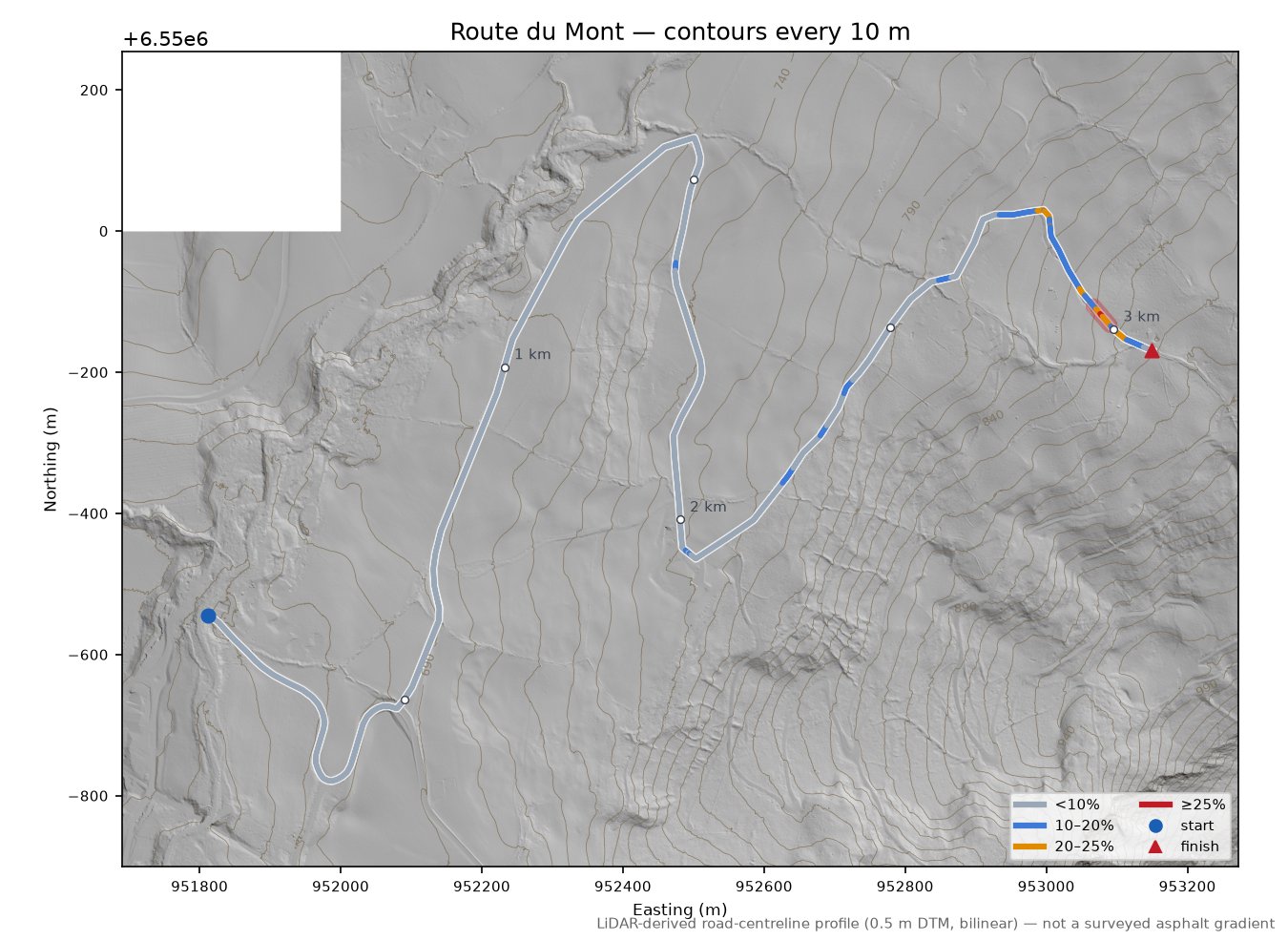 Route du Mont LiDAR hillshade map with contours