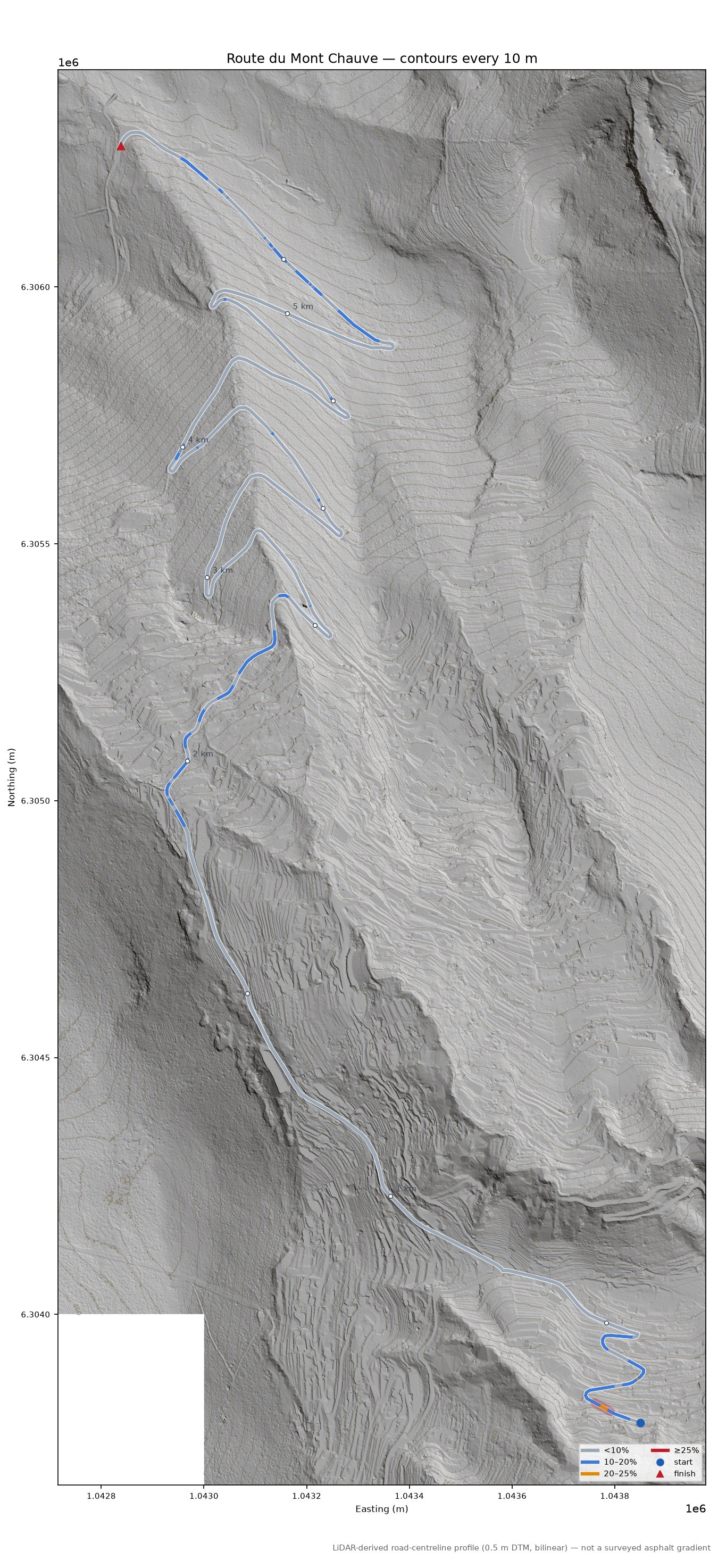 Route du Mont Chauve LiDAR hillshade map with contours