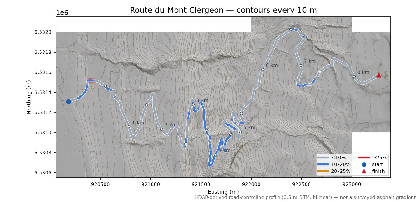 Route du Mont Clergeon LiDAR hillshade map with contours