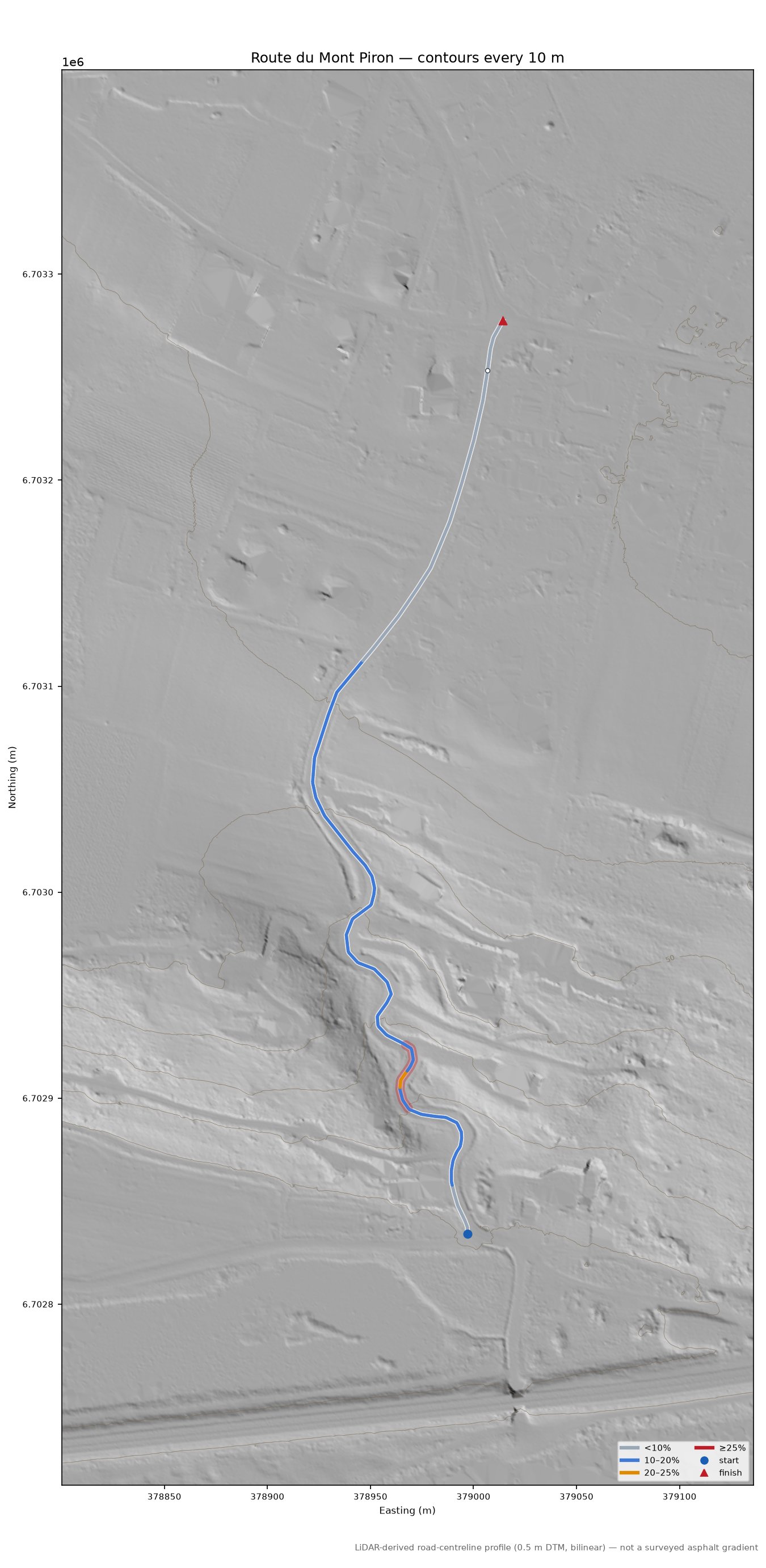 Route du Mont Piron LiDAR hillshade map with contours