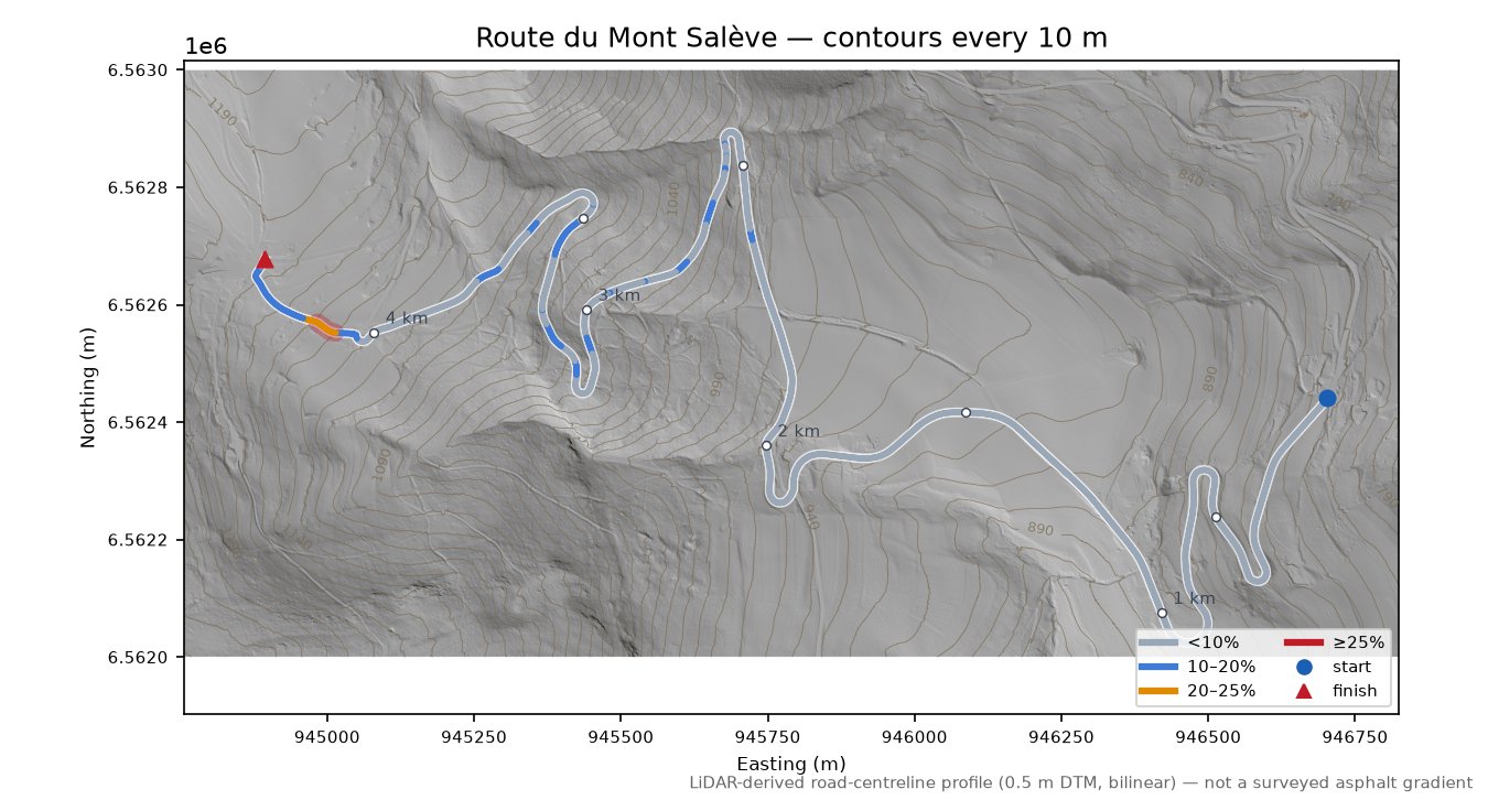 Route du Mont Salève LiDAR hillshade map with contours