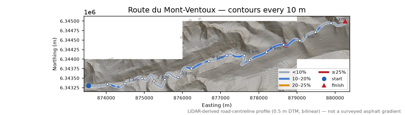 Route du Mont-Ventoux LiDAR hillshade map with contours