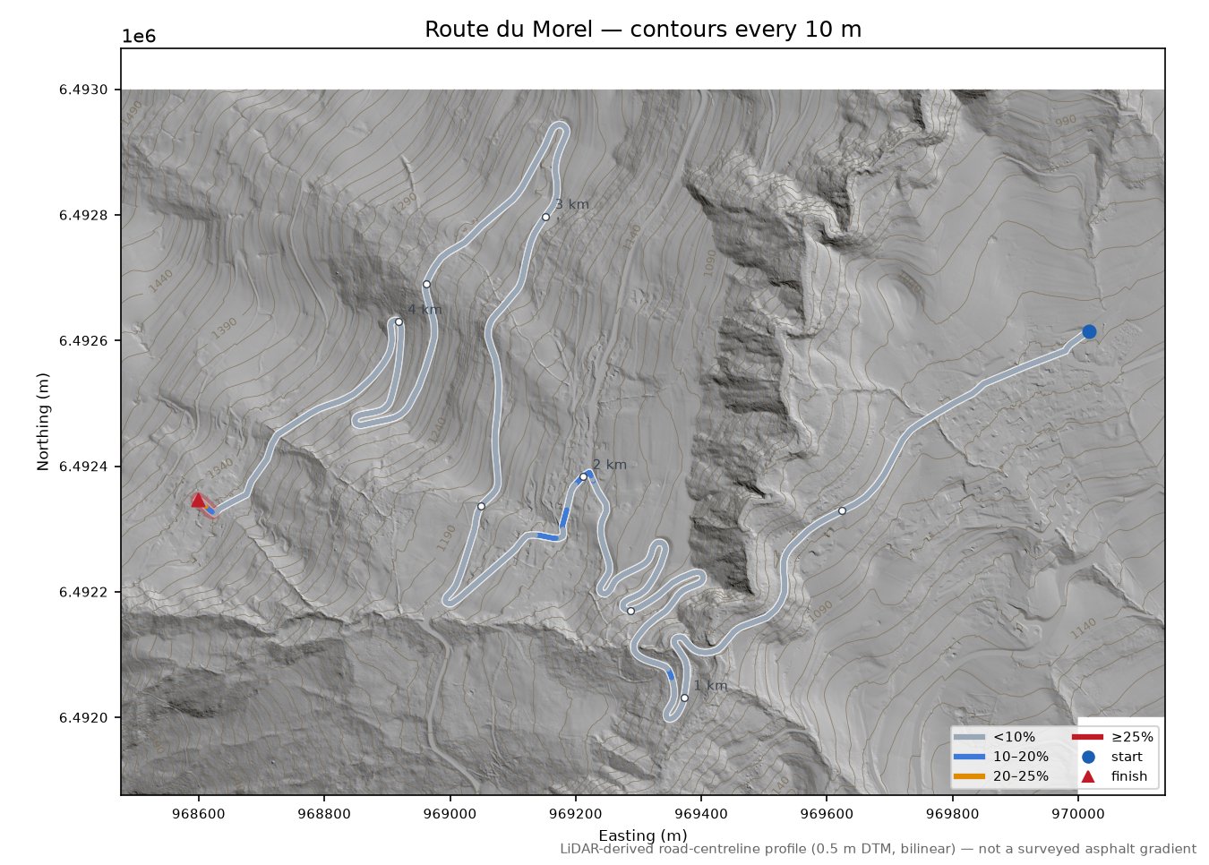 Route du Morel LiDAR hillshade map with contours