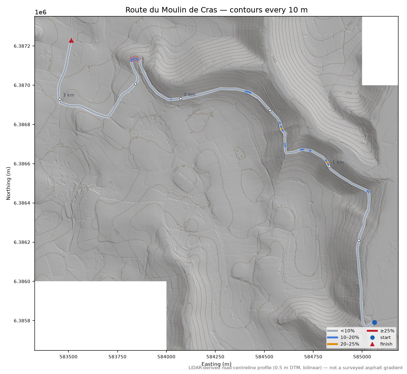 Route du Moulin de Cras LiDAR hillshade map with contours