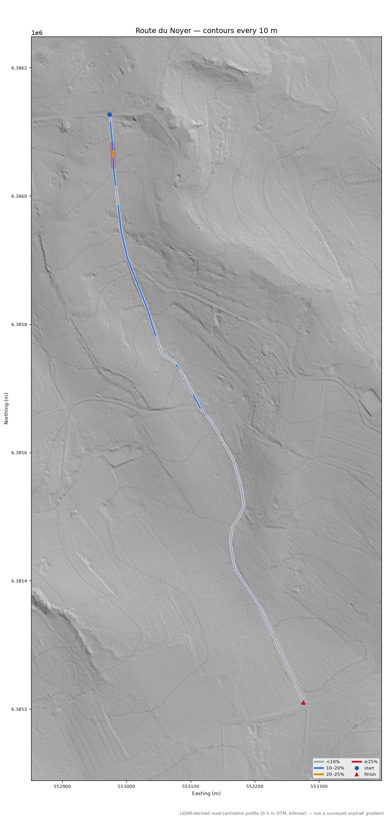 Route du Noyer LiDAR hillshade map with contours