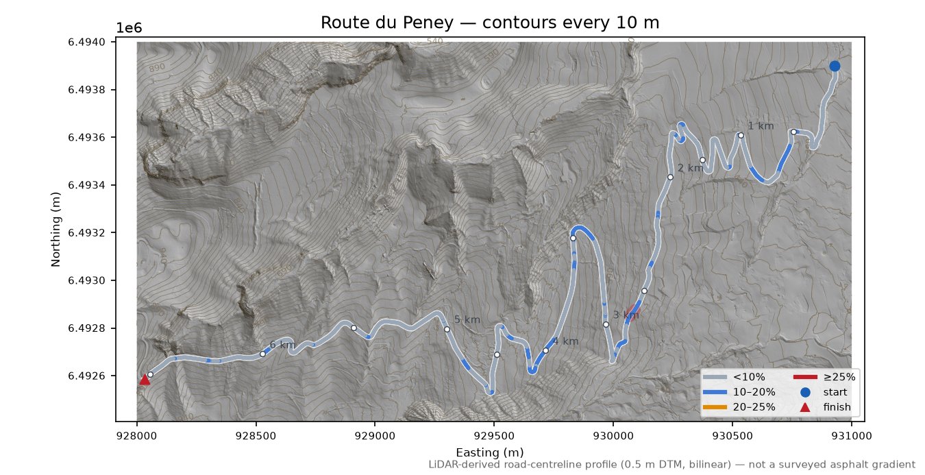 Route du Peney LiDAR hillshade map with contours