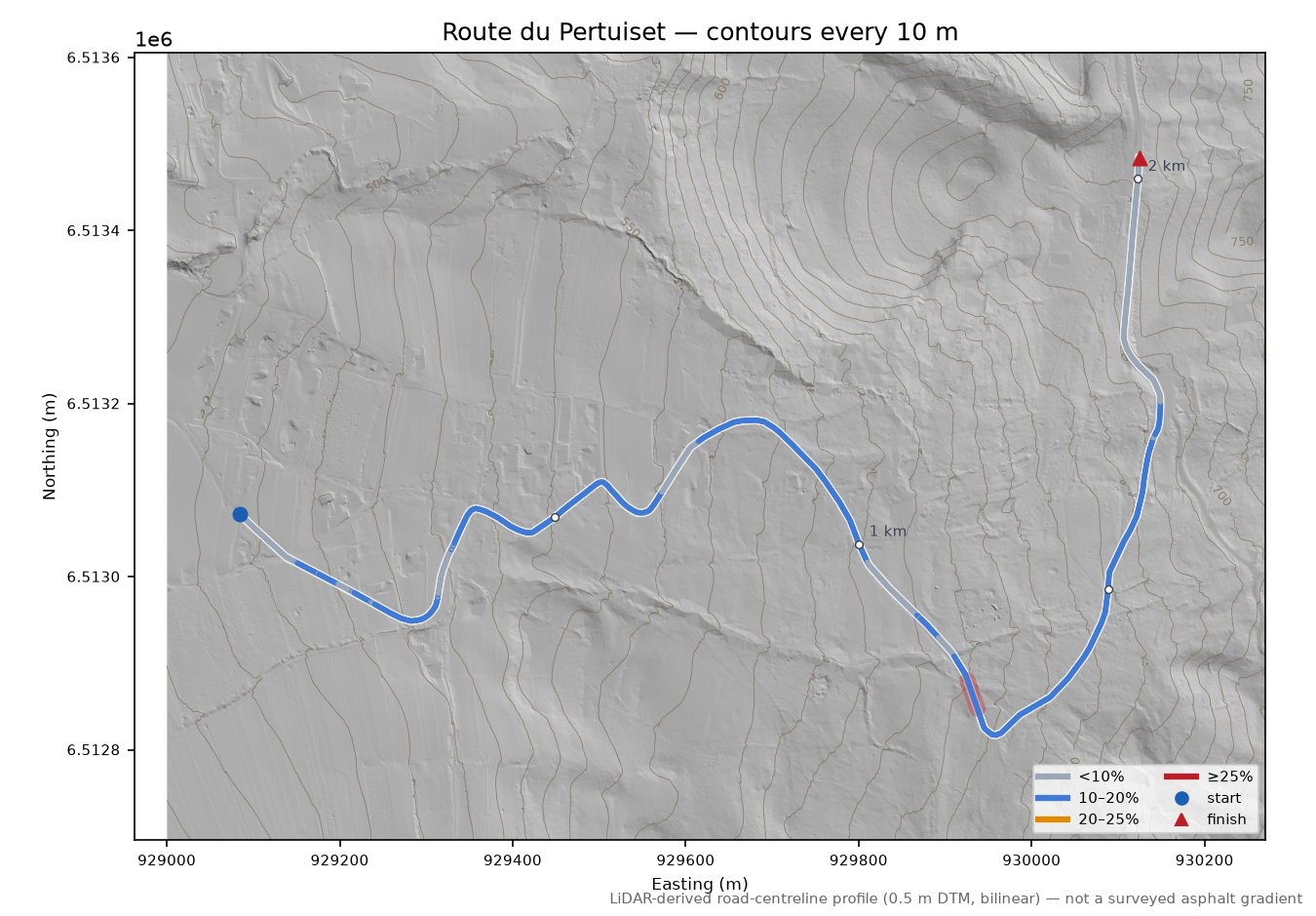 Route du Pertuiset LiDAR hillshade map with contours
