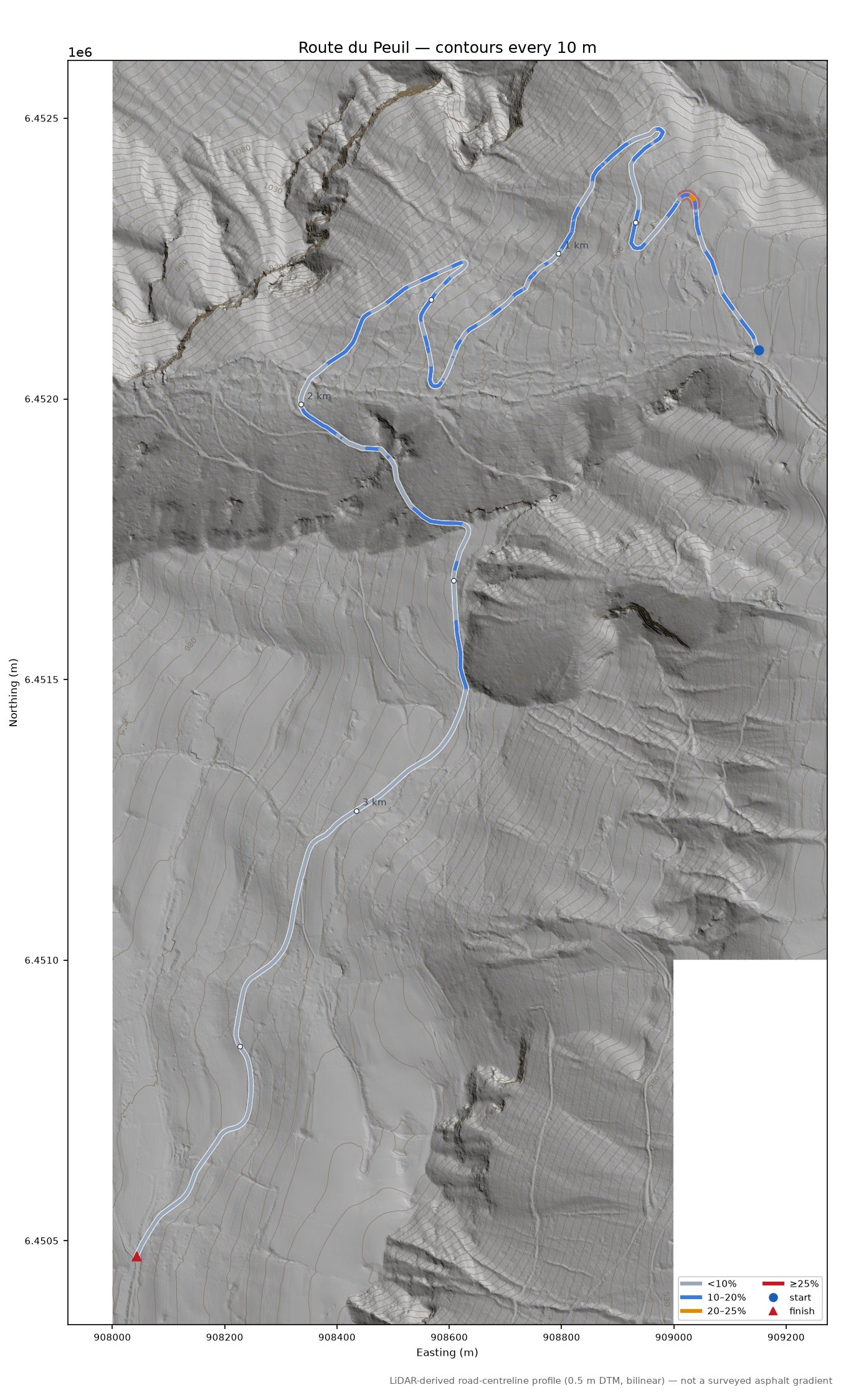 Route du Peuil LiDAR hillshade map with contours