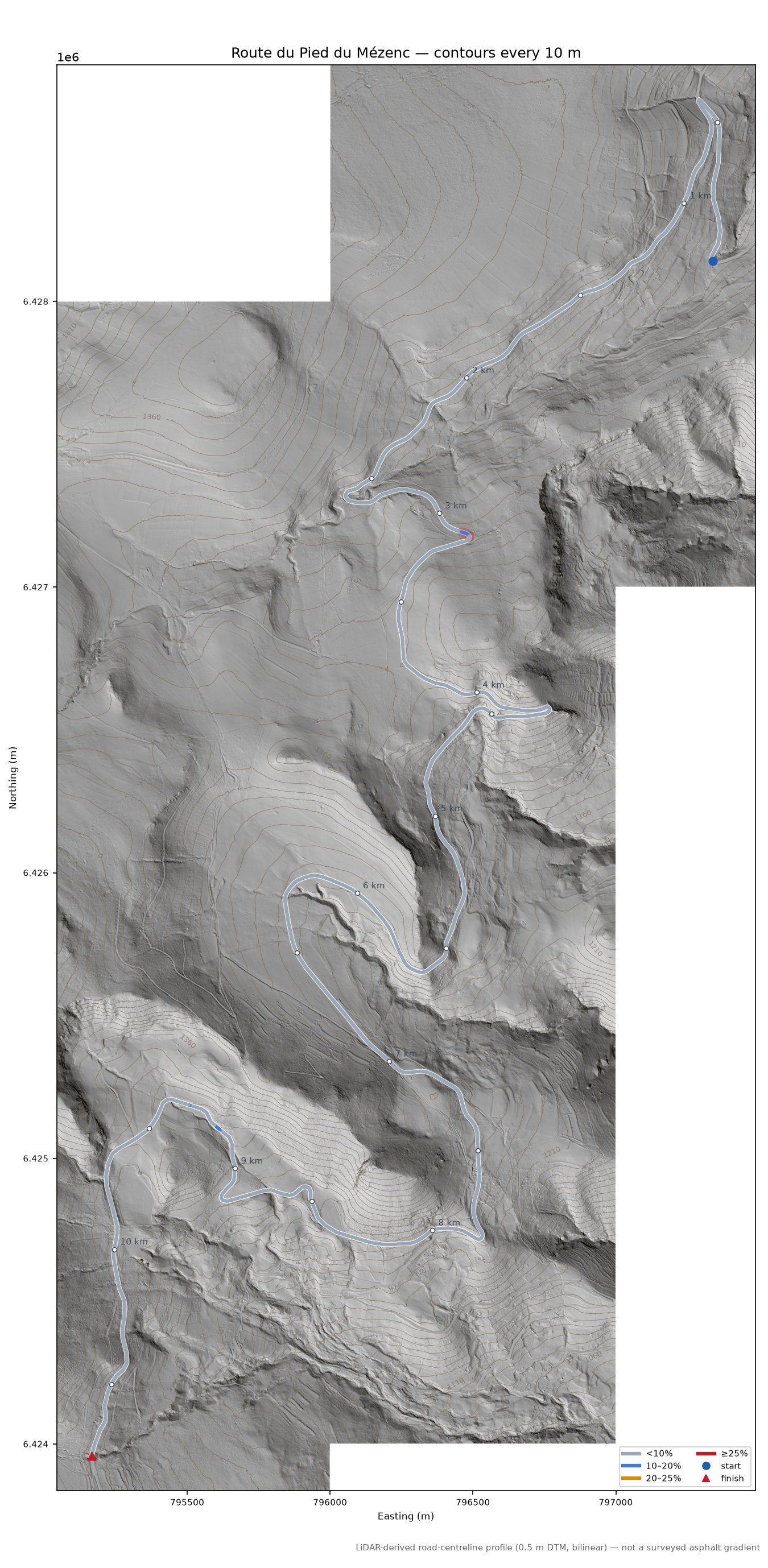 Route du Pied du Mézenc LiDAR hillshade map with contours