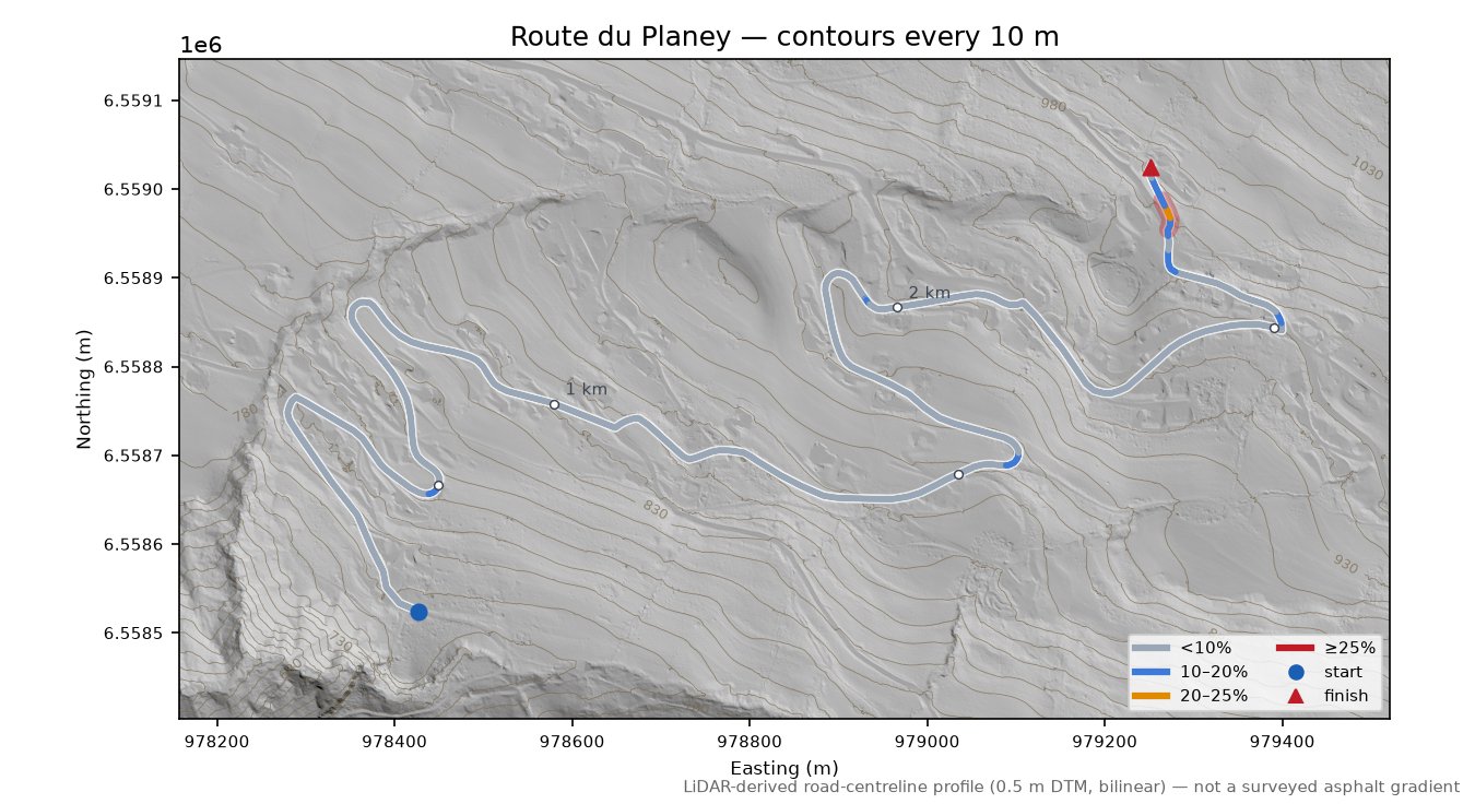 Route du Planey LiDAR hillshade map with contours