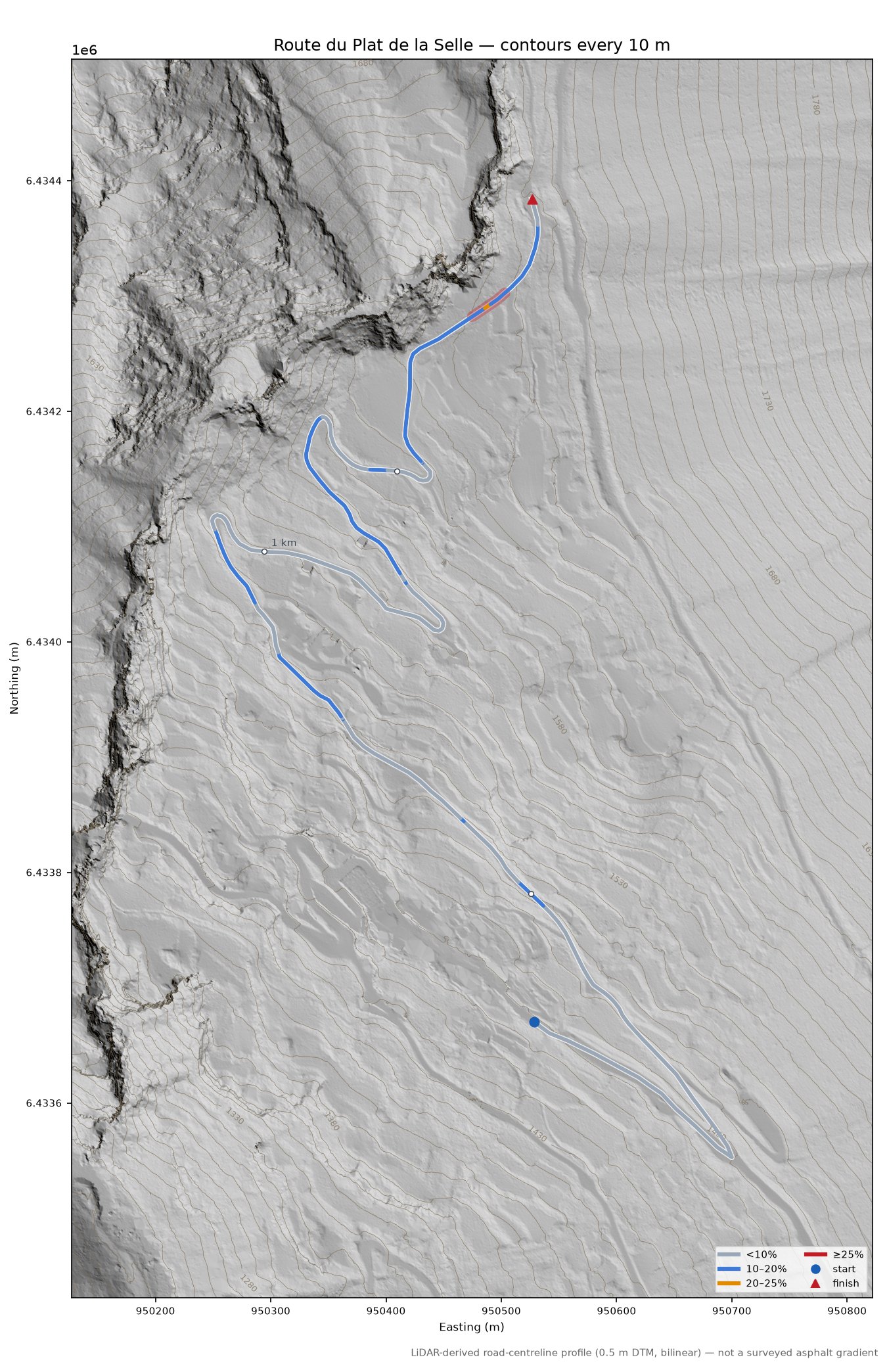 Route du Plat de la Selle LiDAR hillshade map with contours