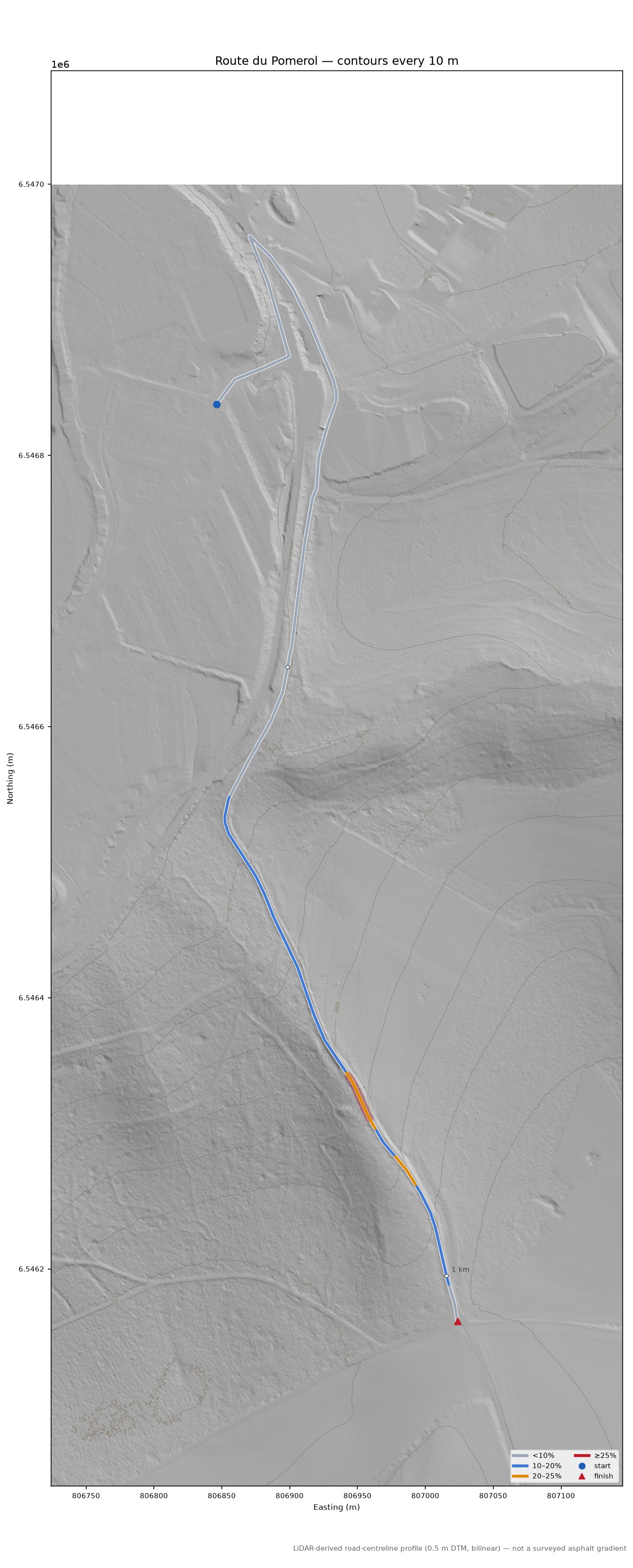 Route du Pomerol LiDAR hillshade map with contours