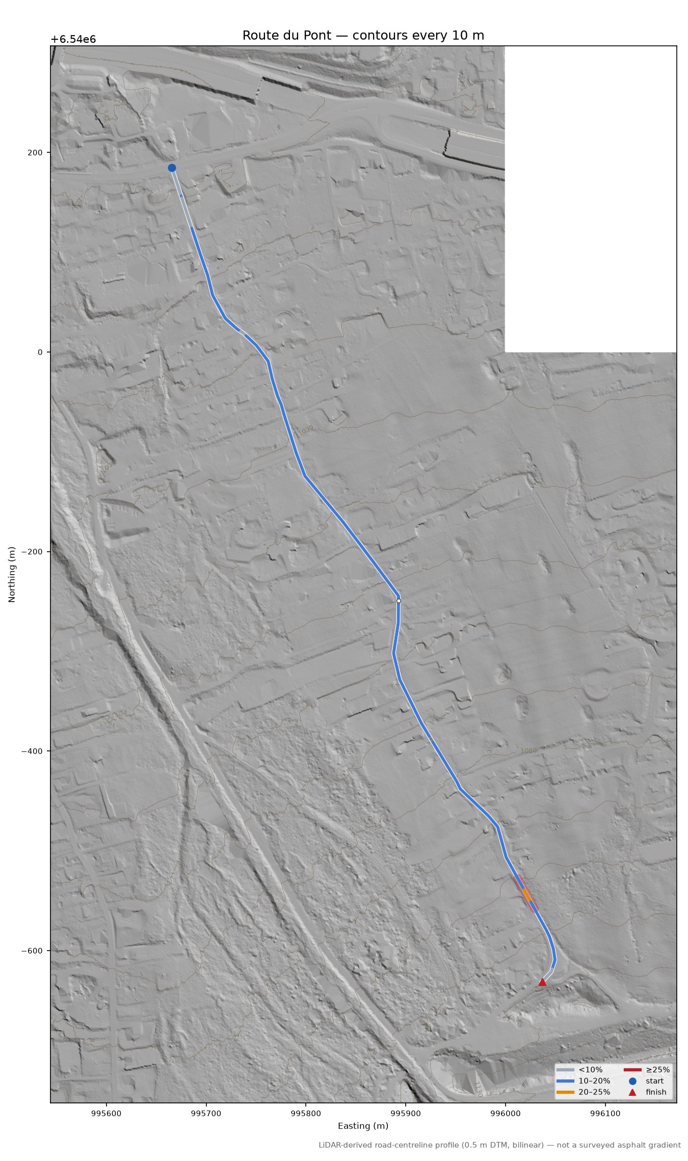 Route du Pont LiDAR hillshade map with contours