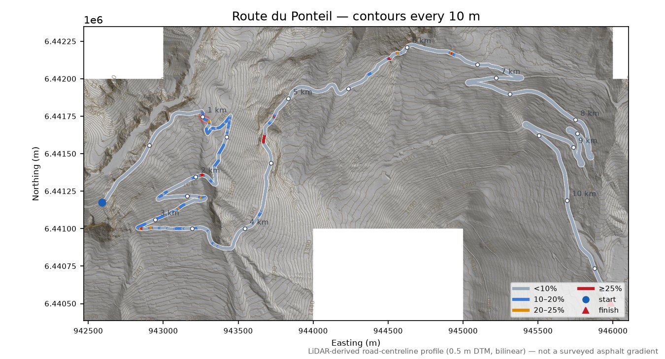 Route du Ponteil LiDAR hillshade map with contours
