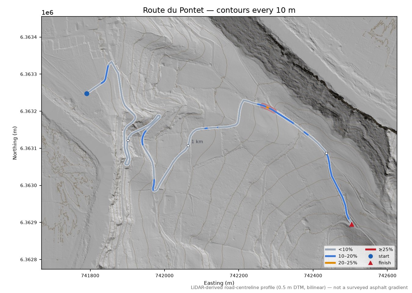 Route du Pontet LiDAR hillshade map with contours