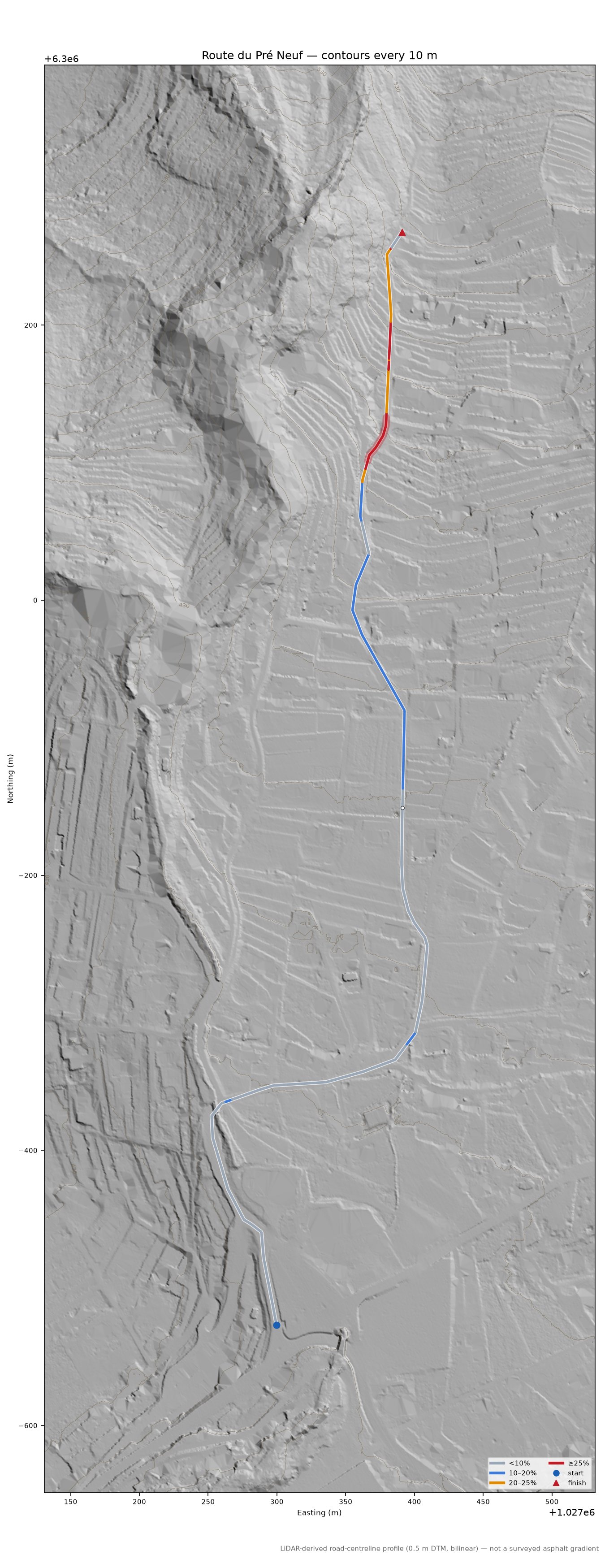Route du Pré Neuf LiDAR hillshade map with contours