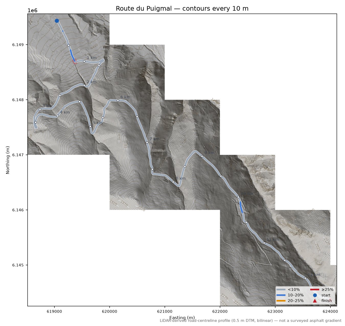 Route du Puigmal LiDAR hillshade map with contours
