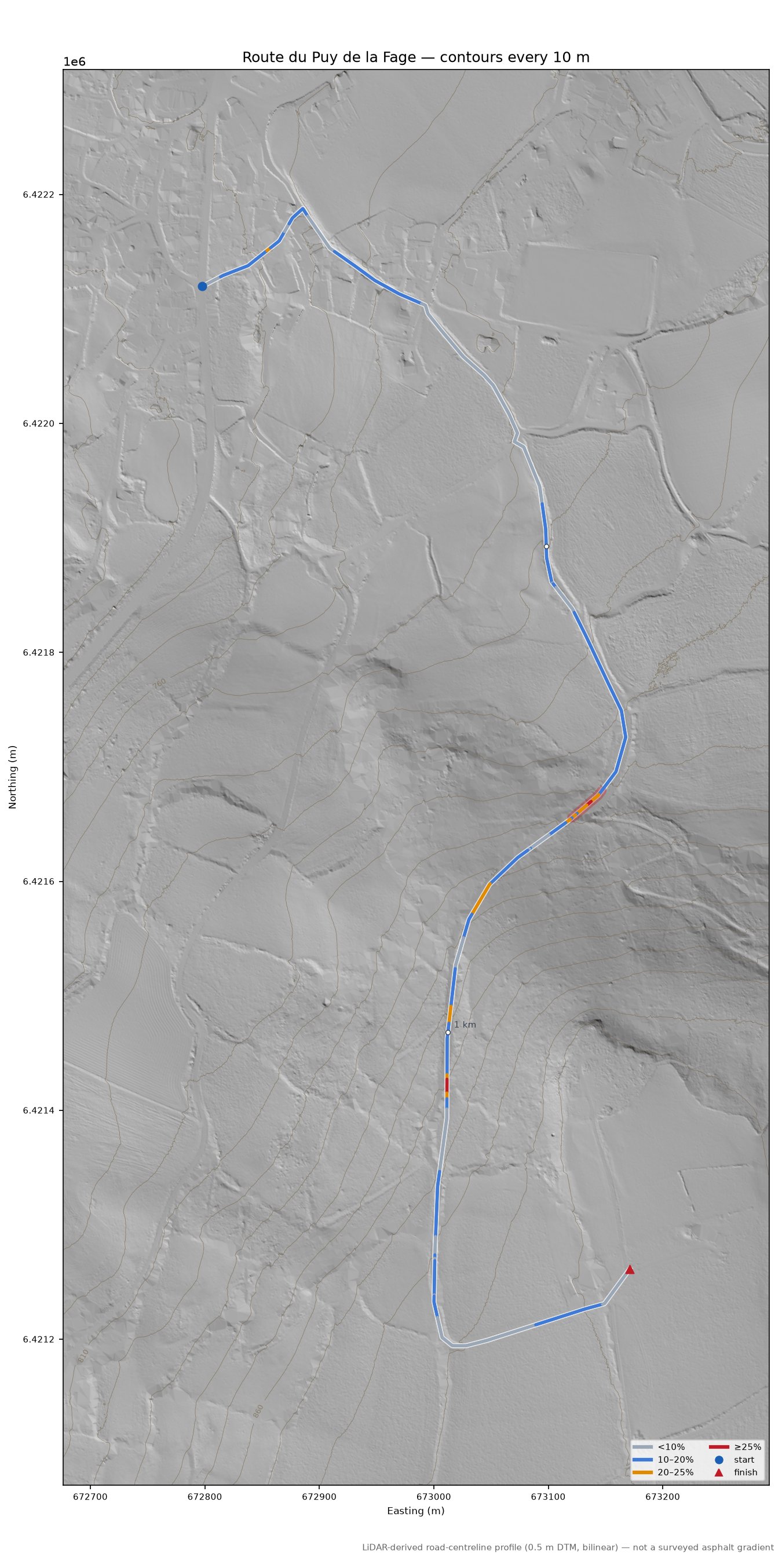 Route du Puy de la Fage LiDAR hillshade map with contours