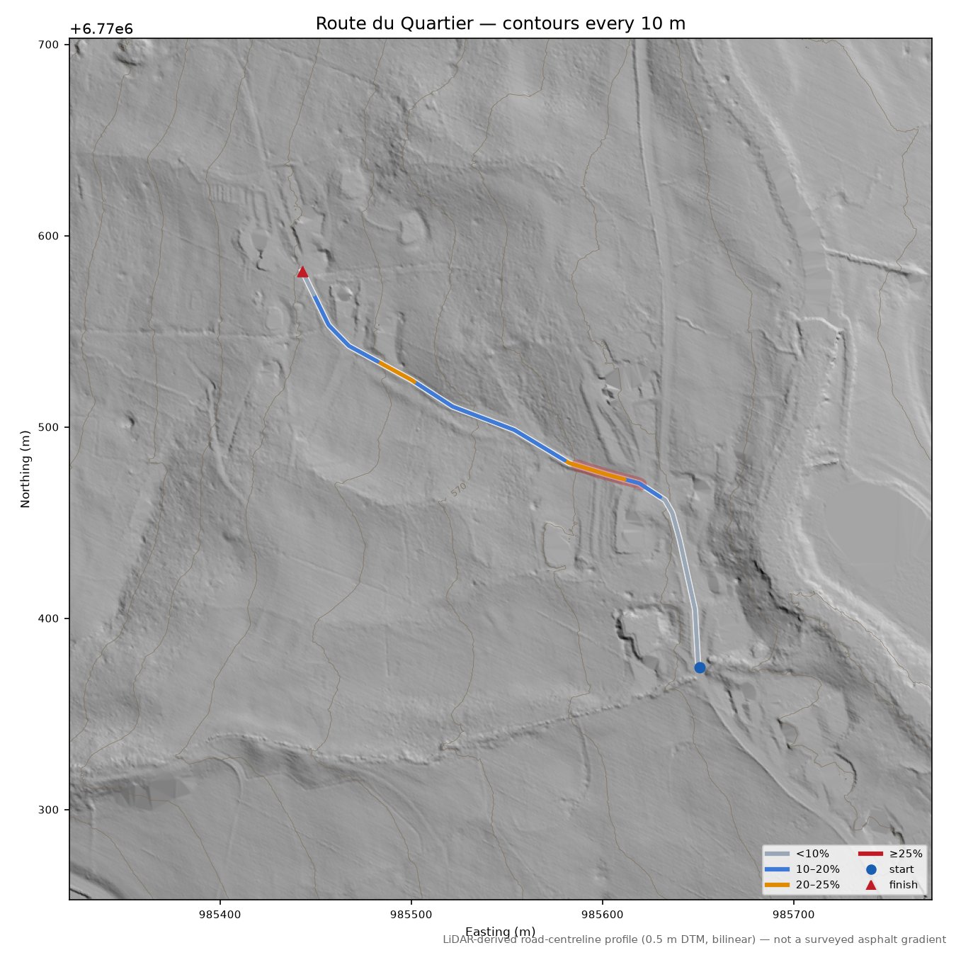 Route du Quartier LiDAR hillshade map with contours