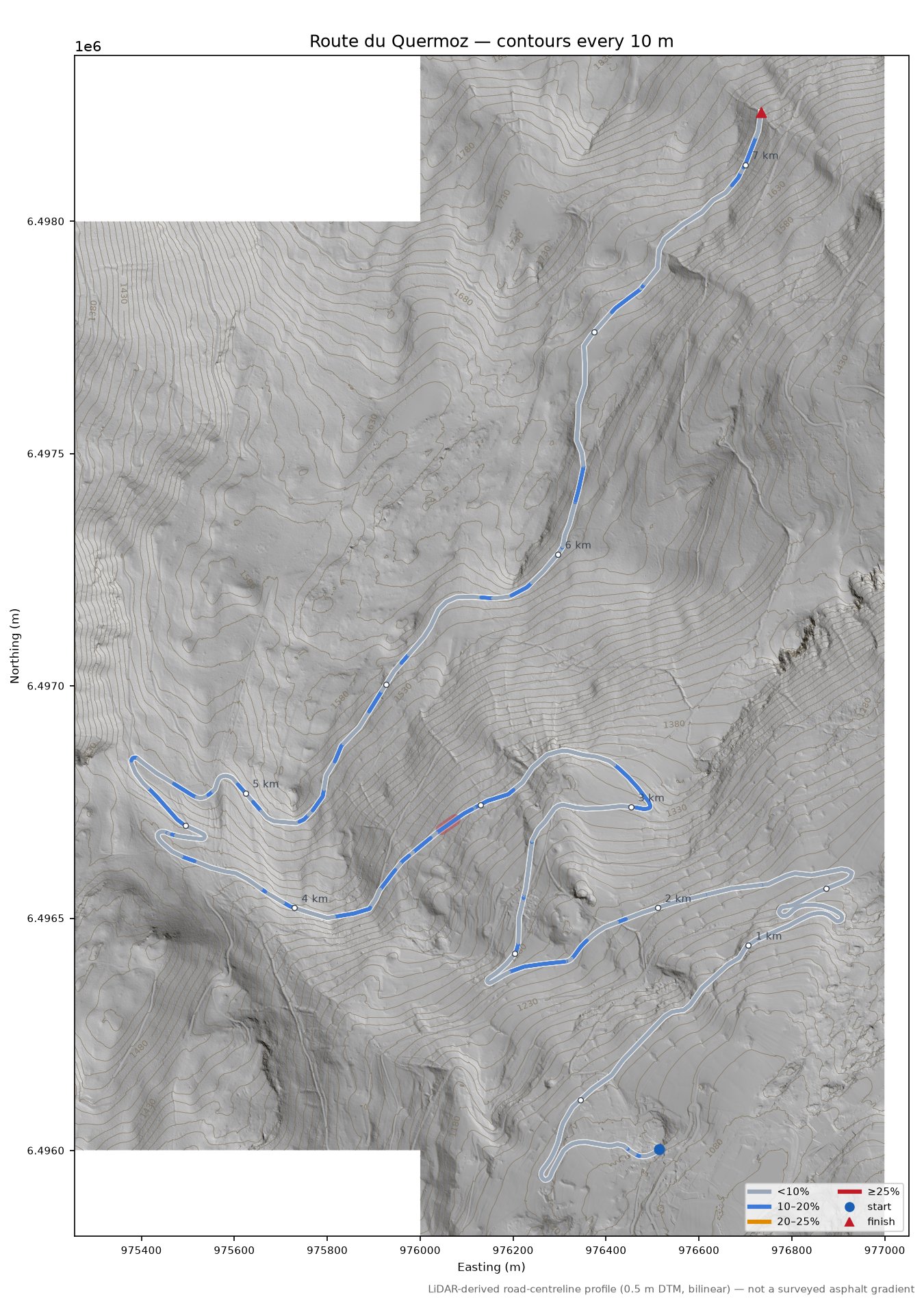Route du Quermoz LiDAR hillshade map with contours