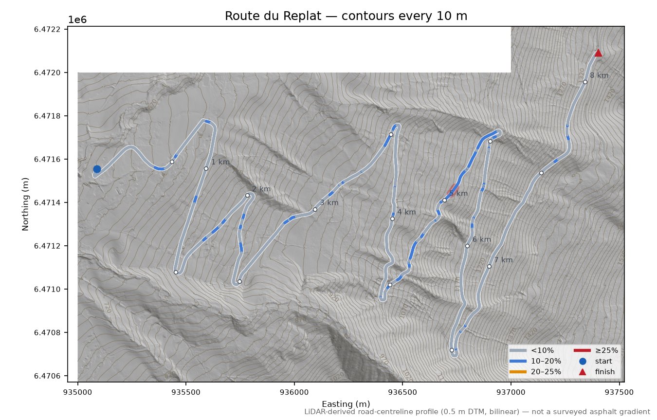 Route du Replat LiDAR hillshade map with contours