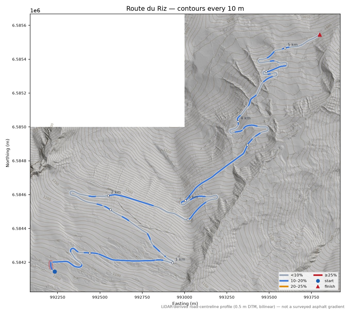 Route du Riz LiDAR hillshade map with contours
