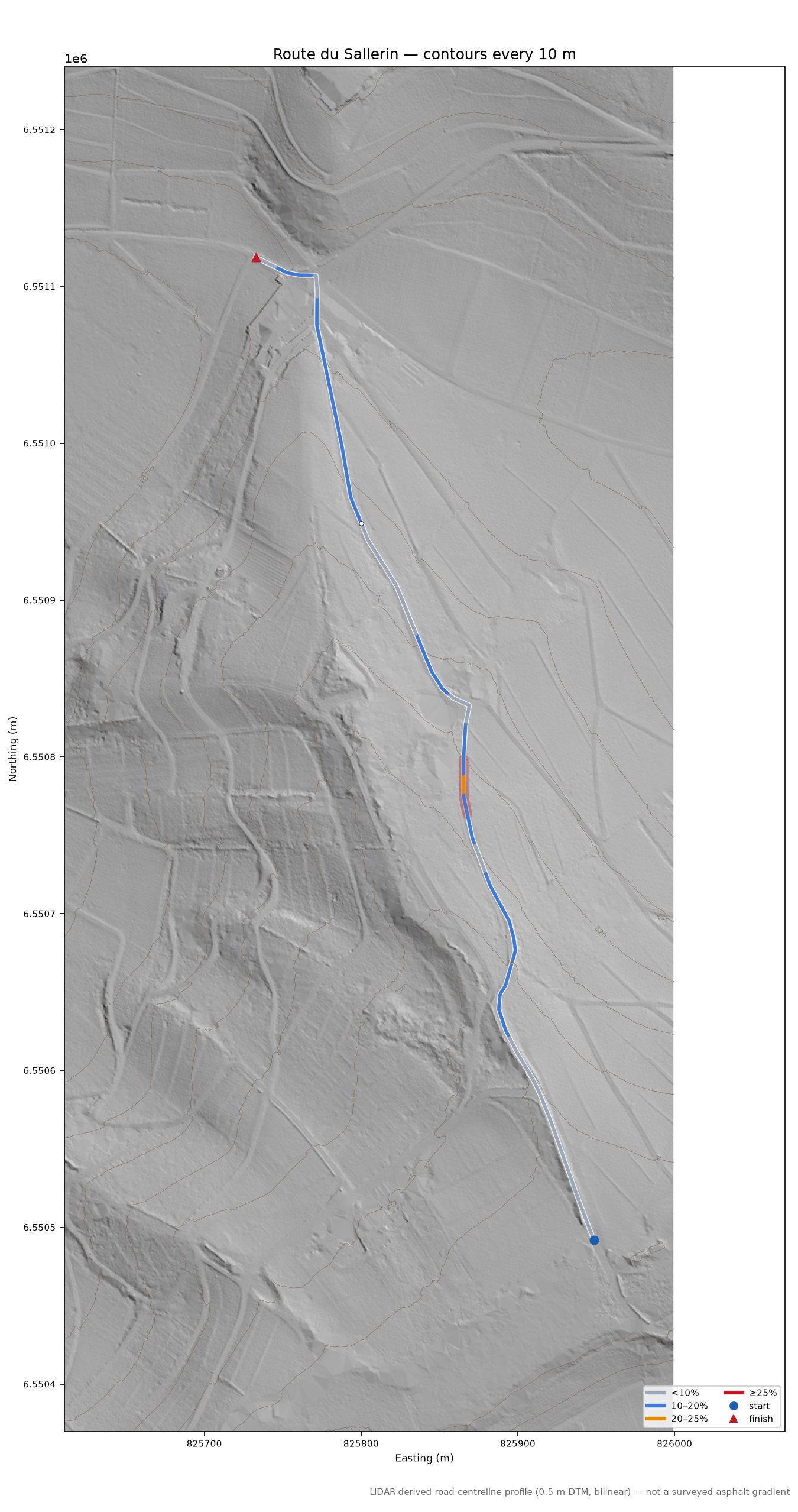 Route du Sallerin LiDAR hillshade map with contours