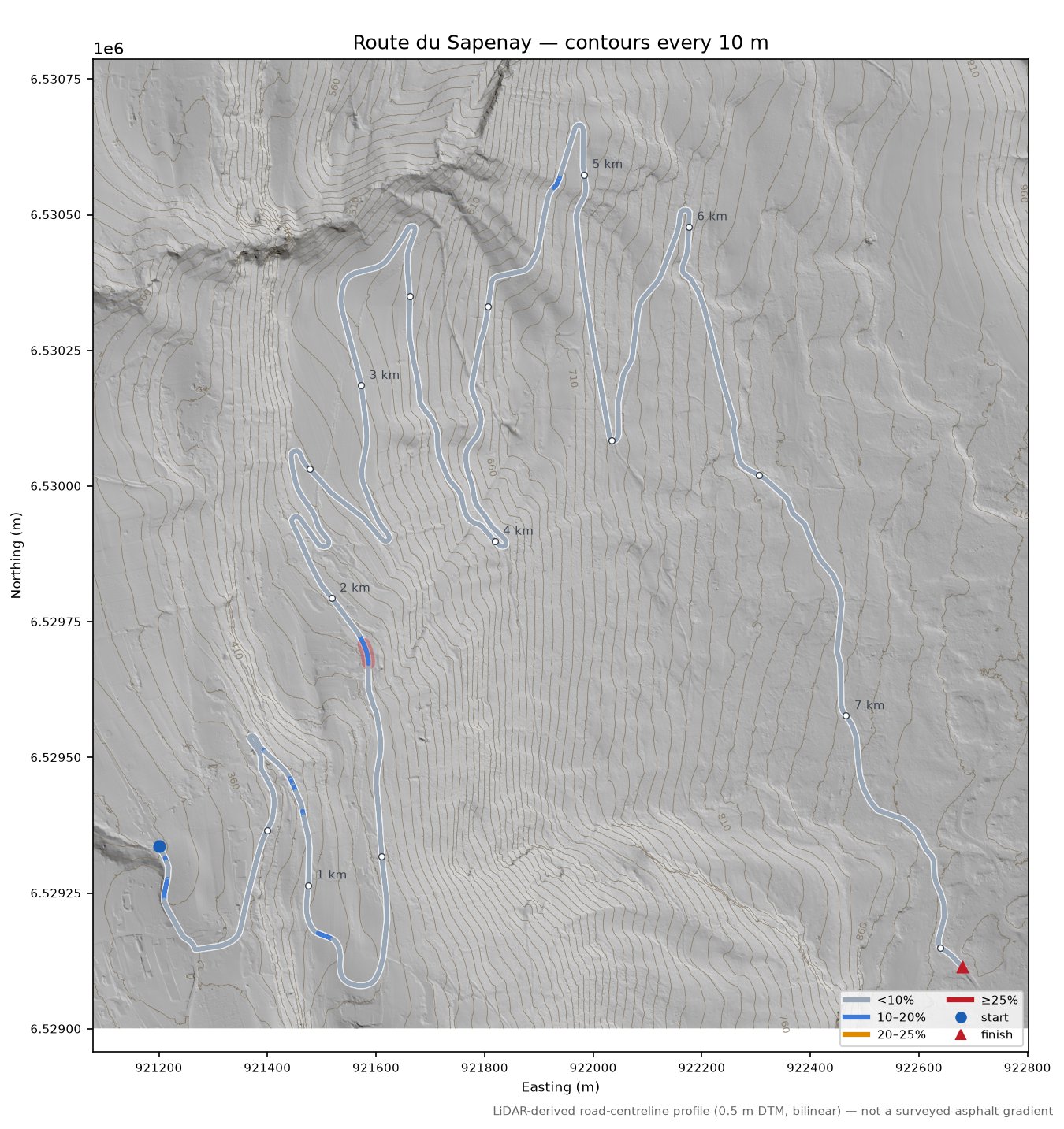 Route du Sapenay LiDAR hillshade map with contours