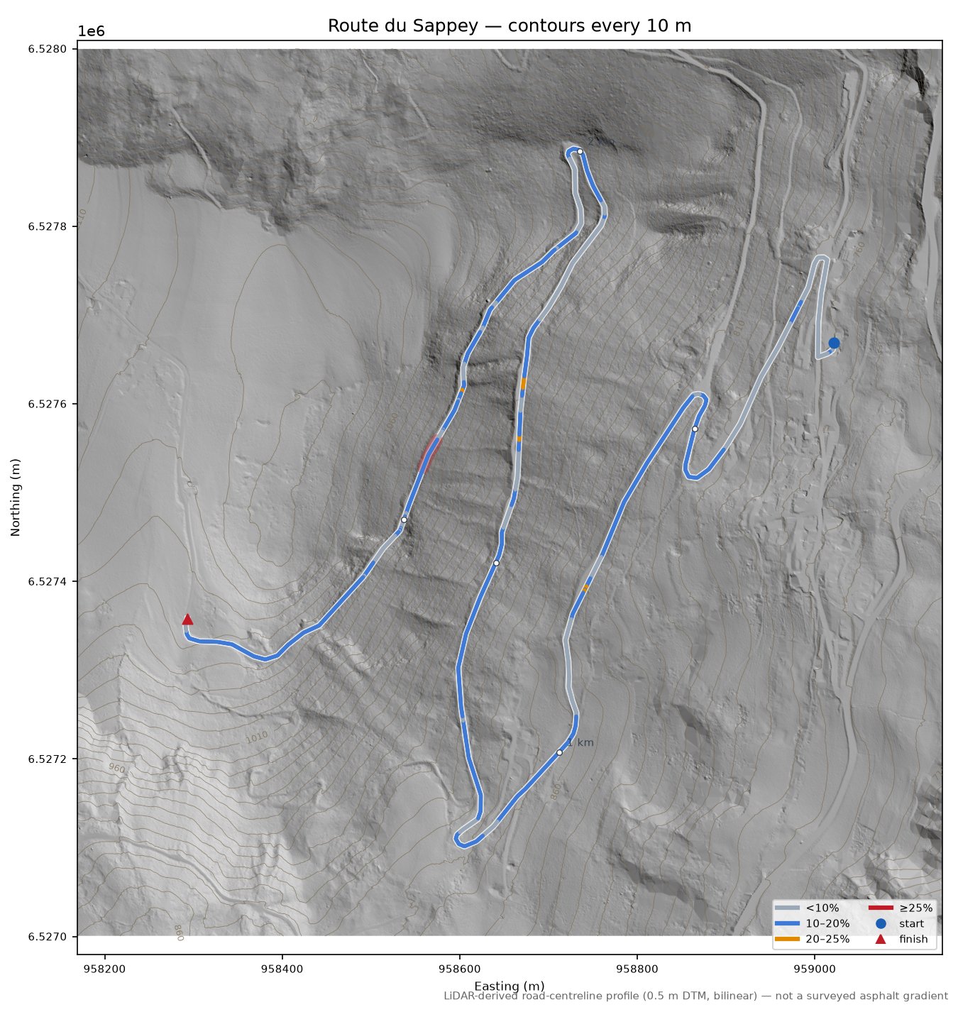Route du Sappey LiDAR hillshade map with contours