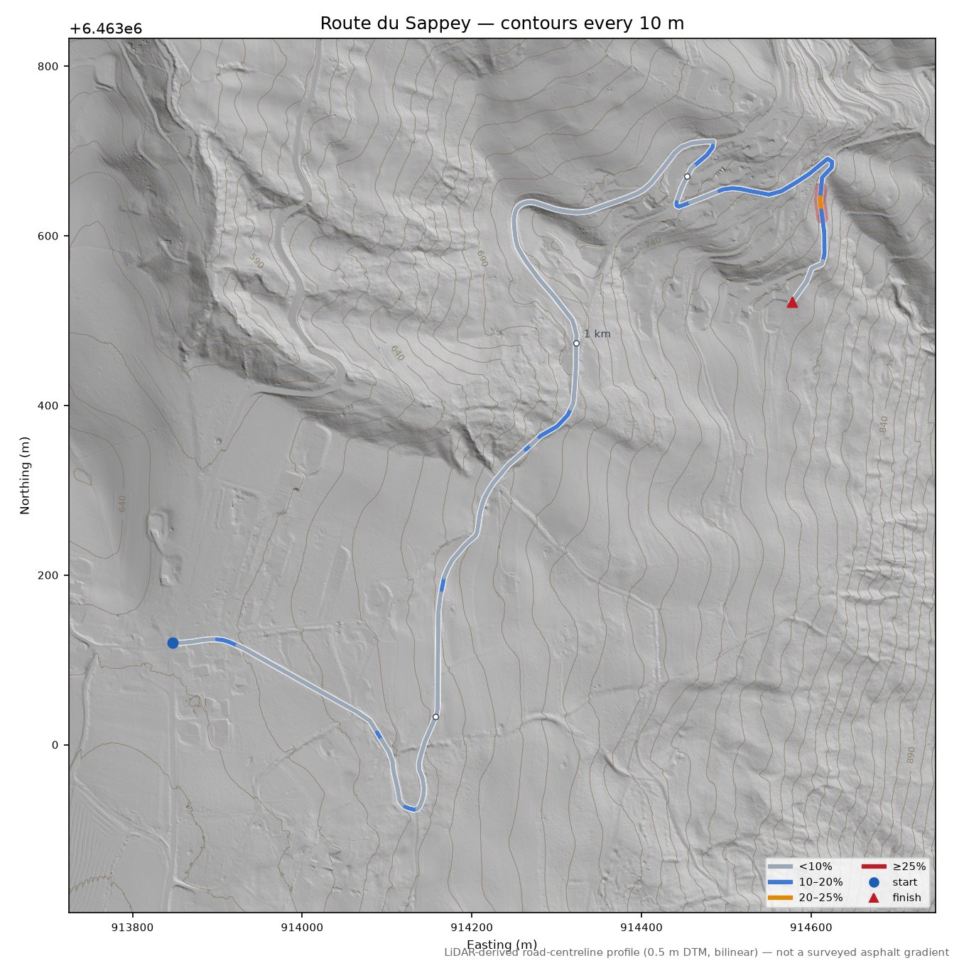 Route du Sappey LiDAR hillshade map with contours