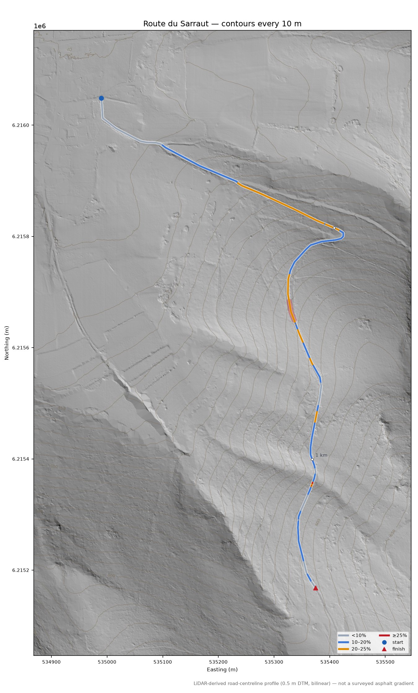 Route du Sarraut LiDAR hillshade map with contours