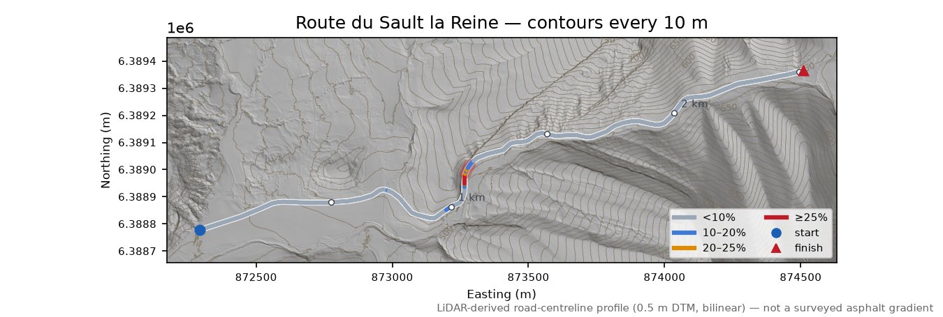 Route du Sault la Reine LiDAR hillshade map with contours