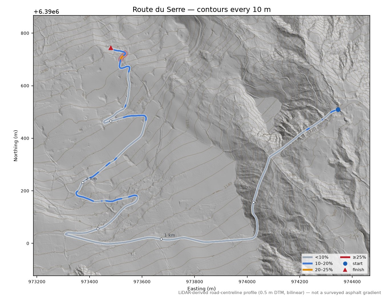 Route du Serre LiDAR hillshade map with contours