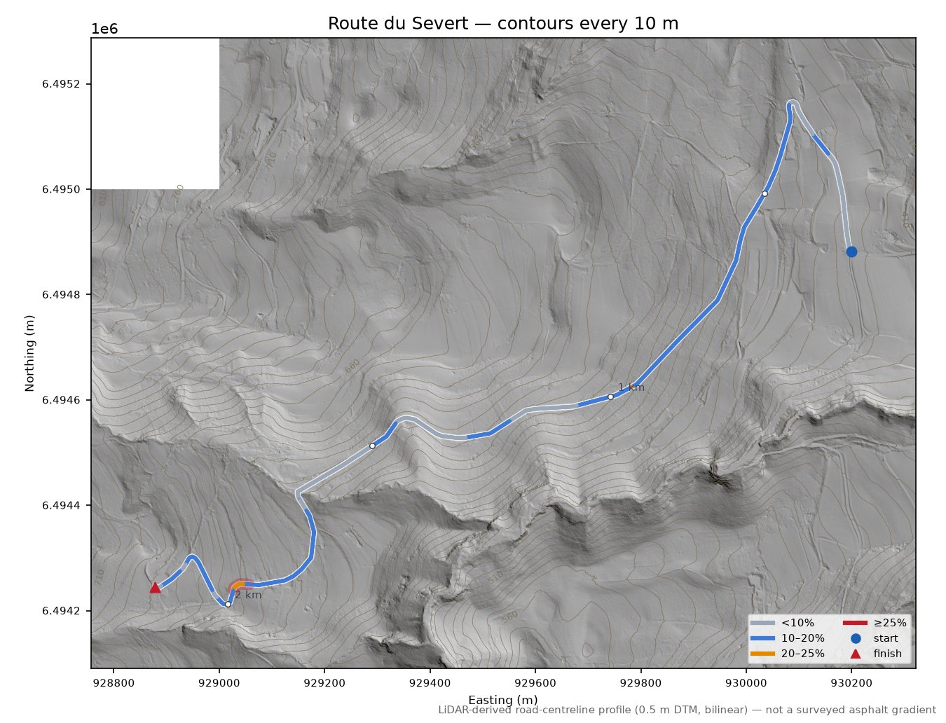 Route du Severt LiDAR hillshade map with contours