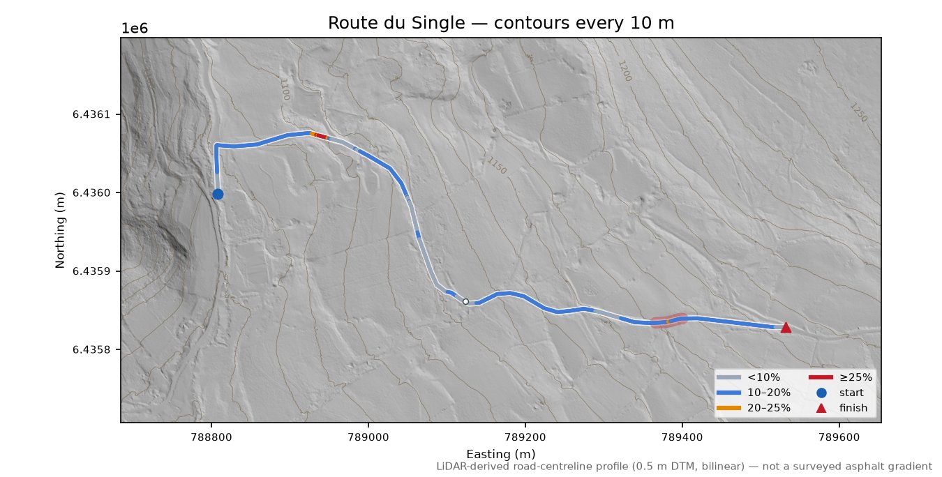 Route du Single LiDAR hillshade map with contours
