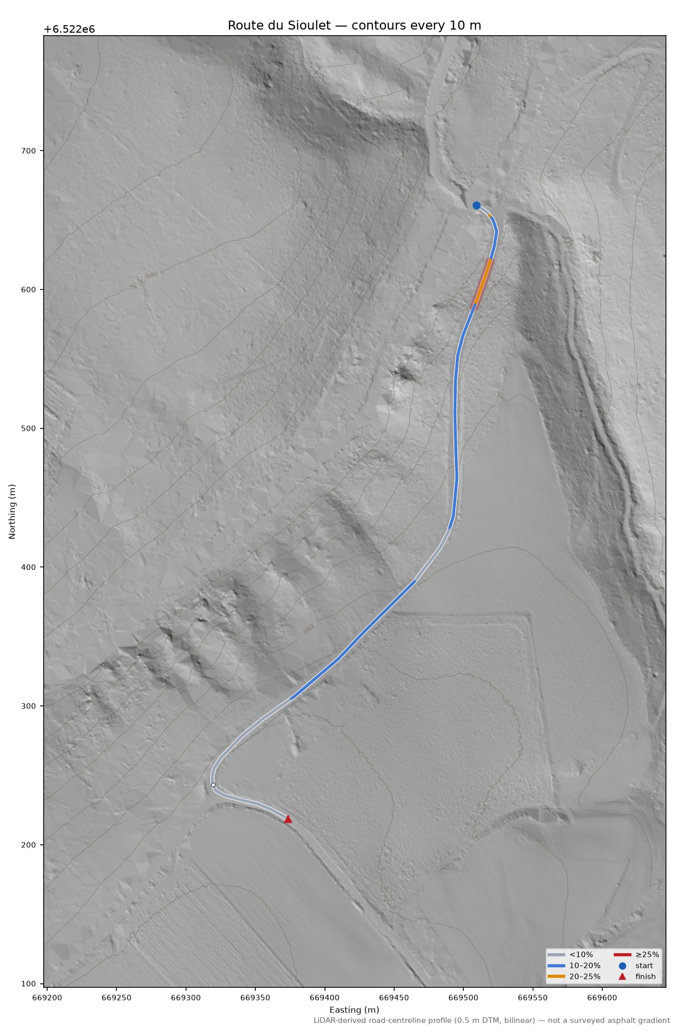 Route du Sioulet LiDAR hillshade map with contours