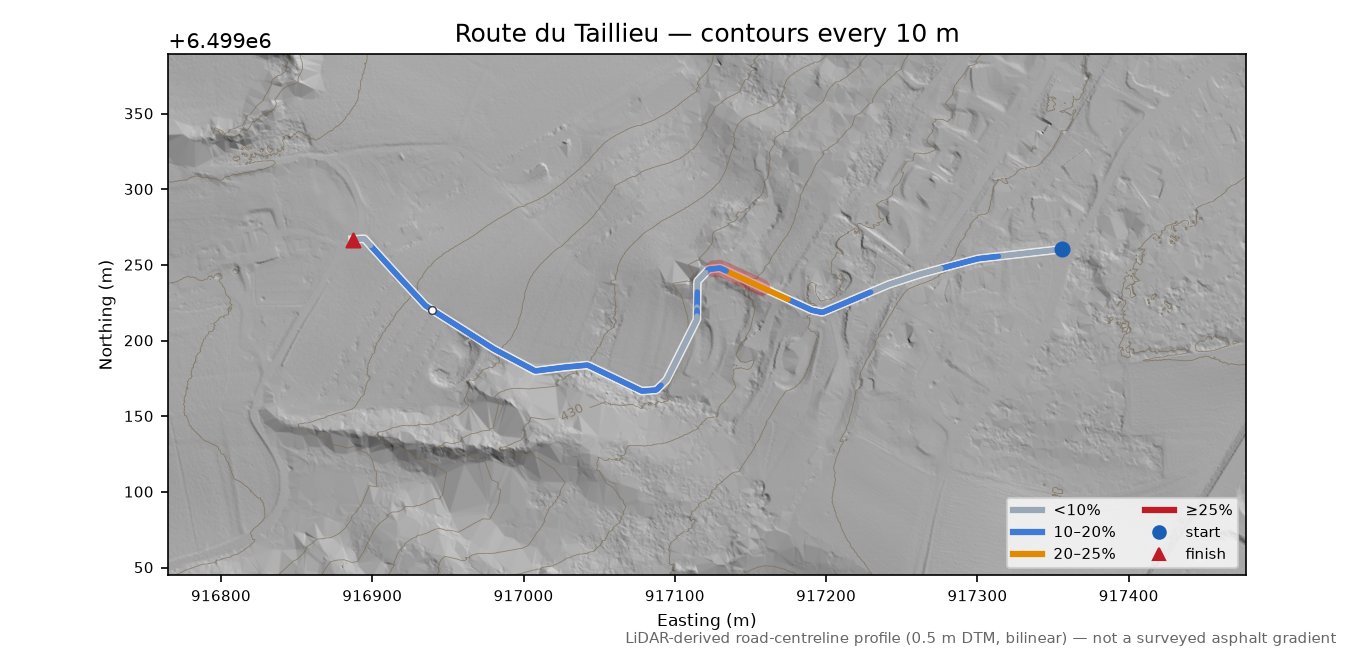 Route du Taillieu LiDAR hillshade map with contours
