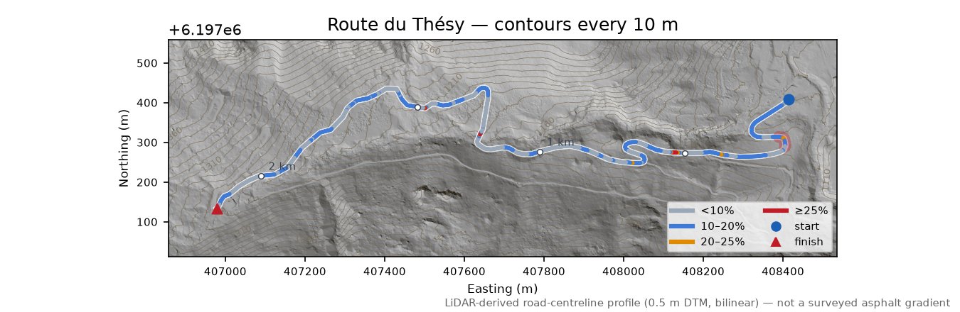 Route du Thésy LiDAR hillshade map with contours