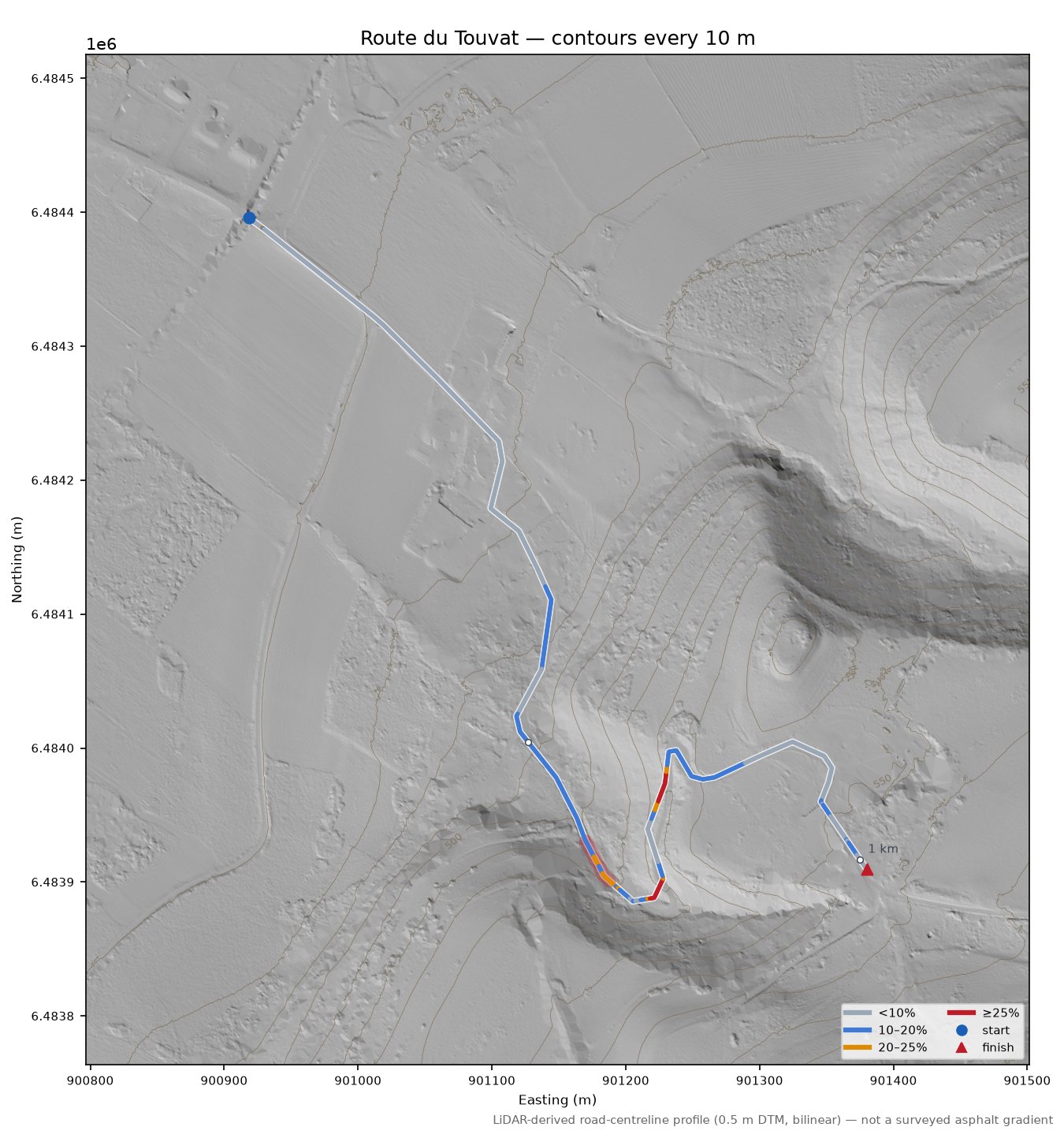 Route du Touvat LiDAR hillshade map with contours