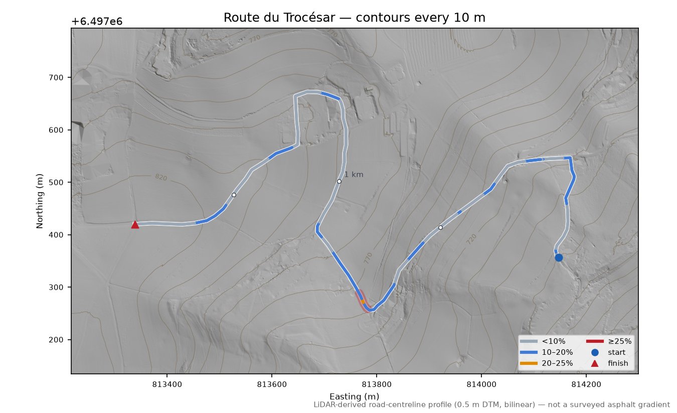 Route du Trocésar LiDAR hillshade map with contours