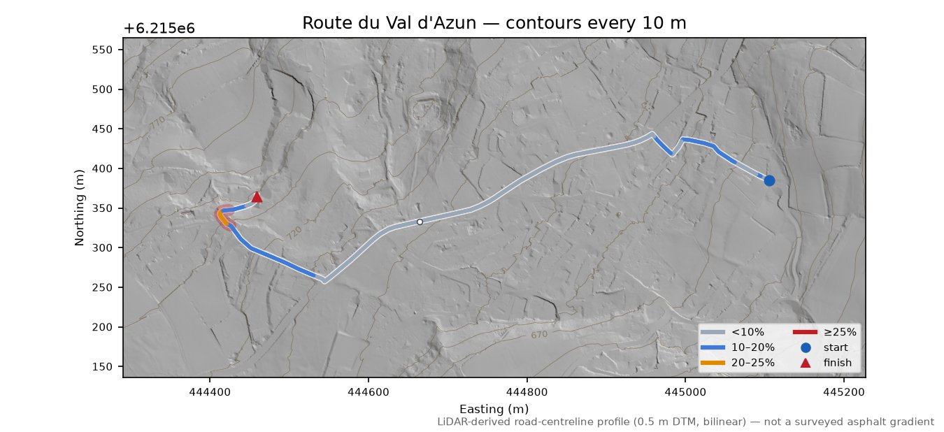 Route du Val d'Azun LiDAR hillshade map with contours