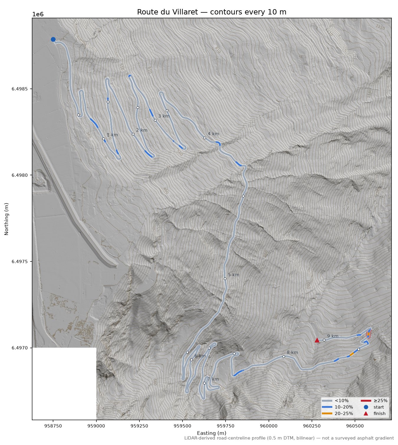 Route du Villaret LiDAR hillshade map with contours