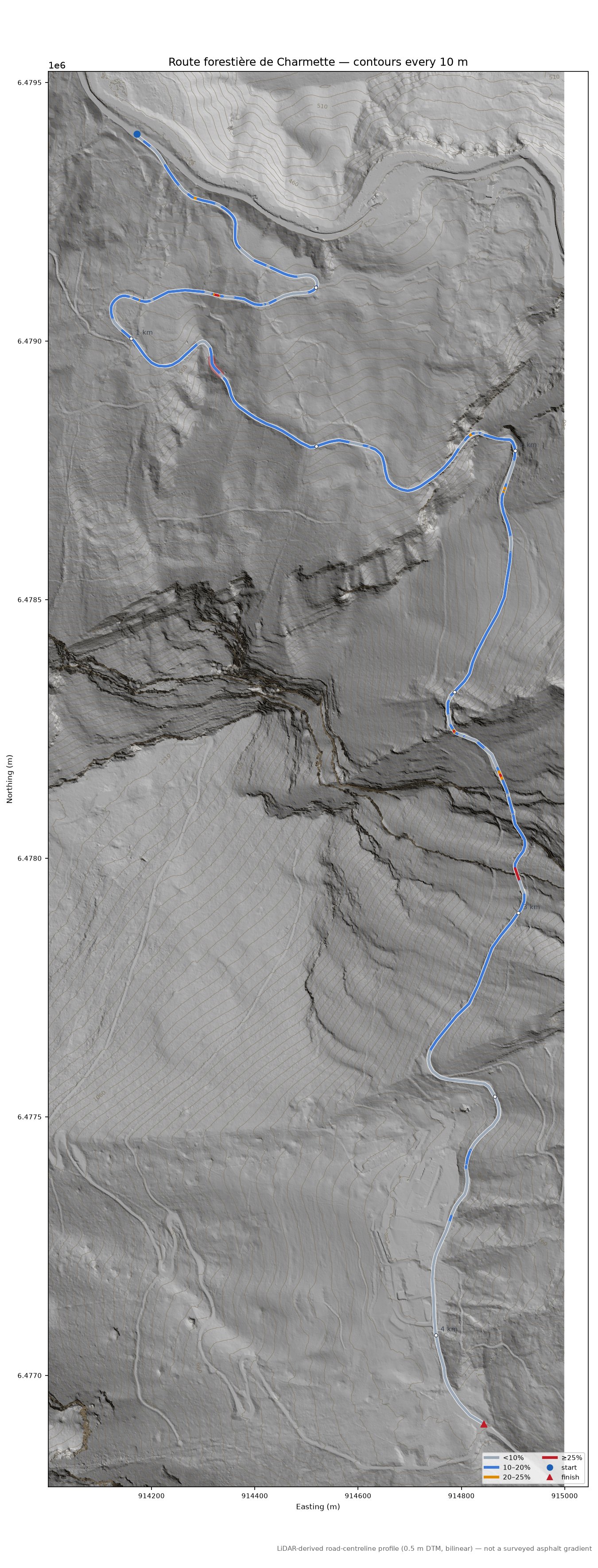 Route forestière de Charmette LiDAR hillshade map with contours